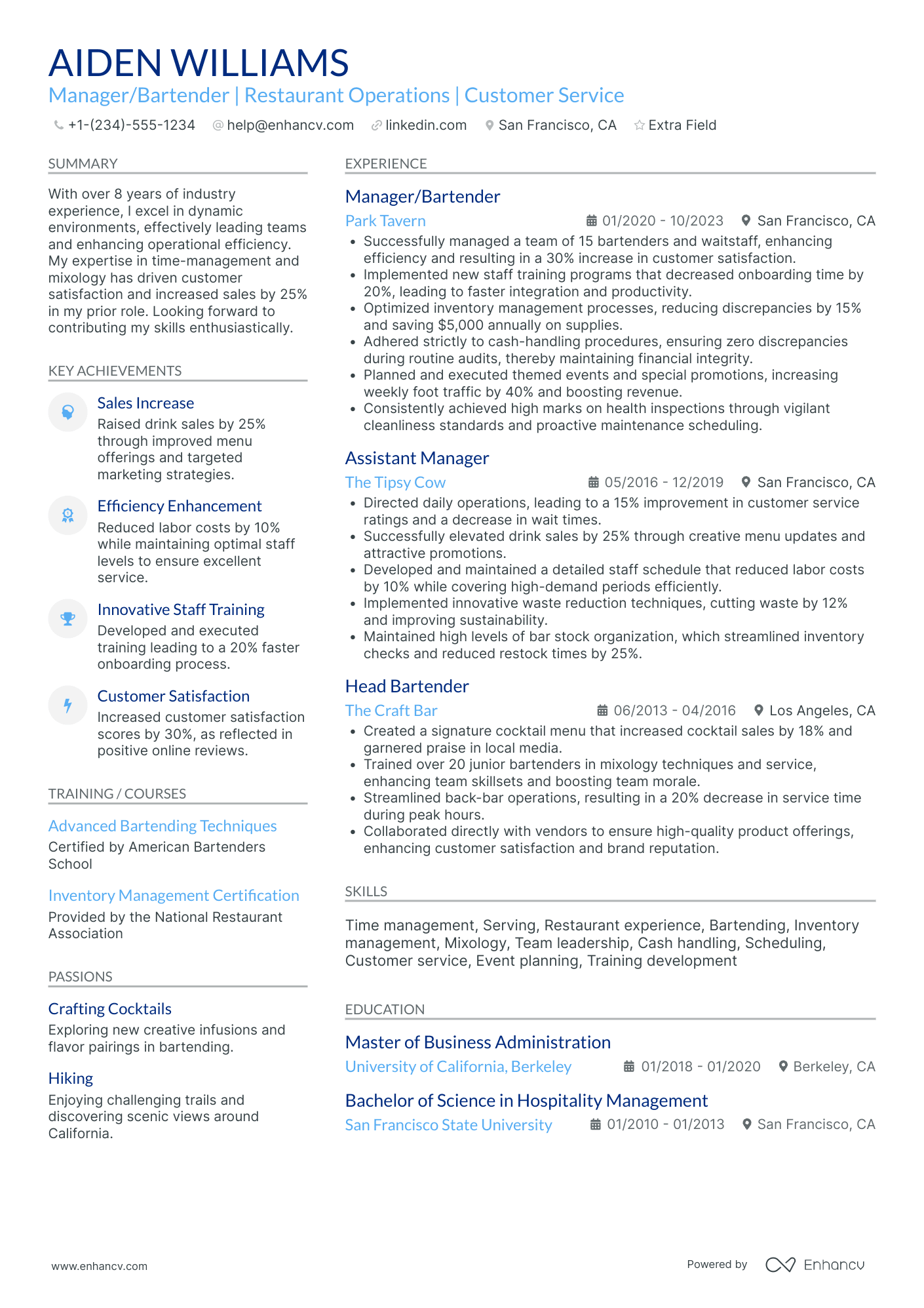 A resume example of a Bartender Manager