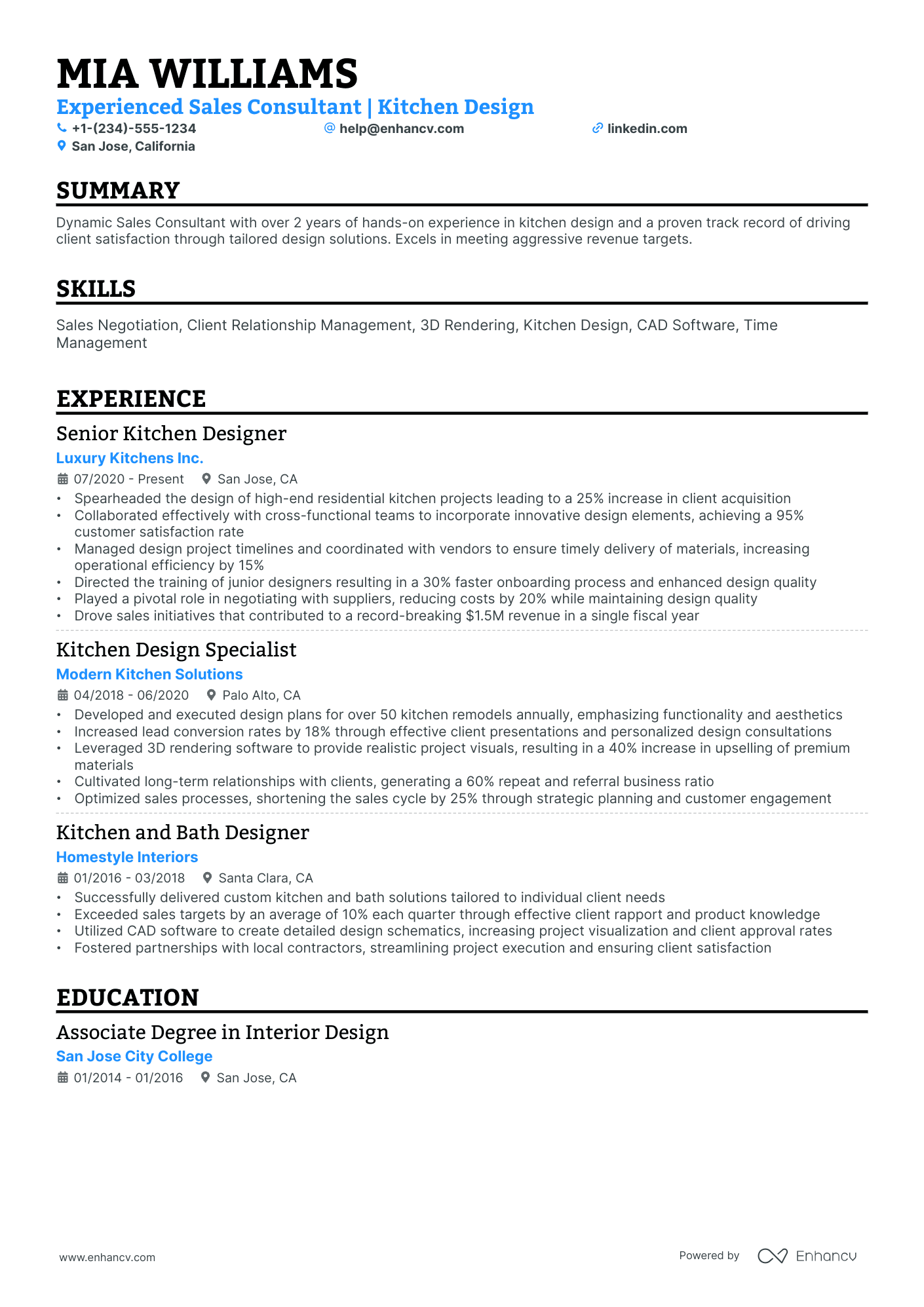 A resume example of a Single Column