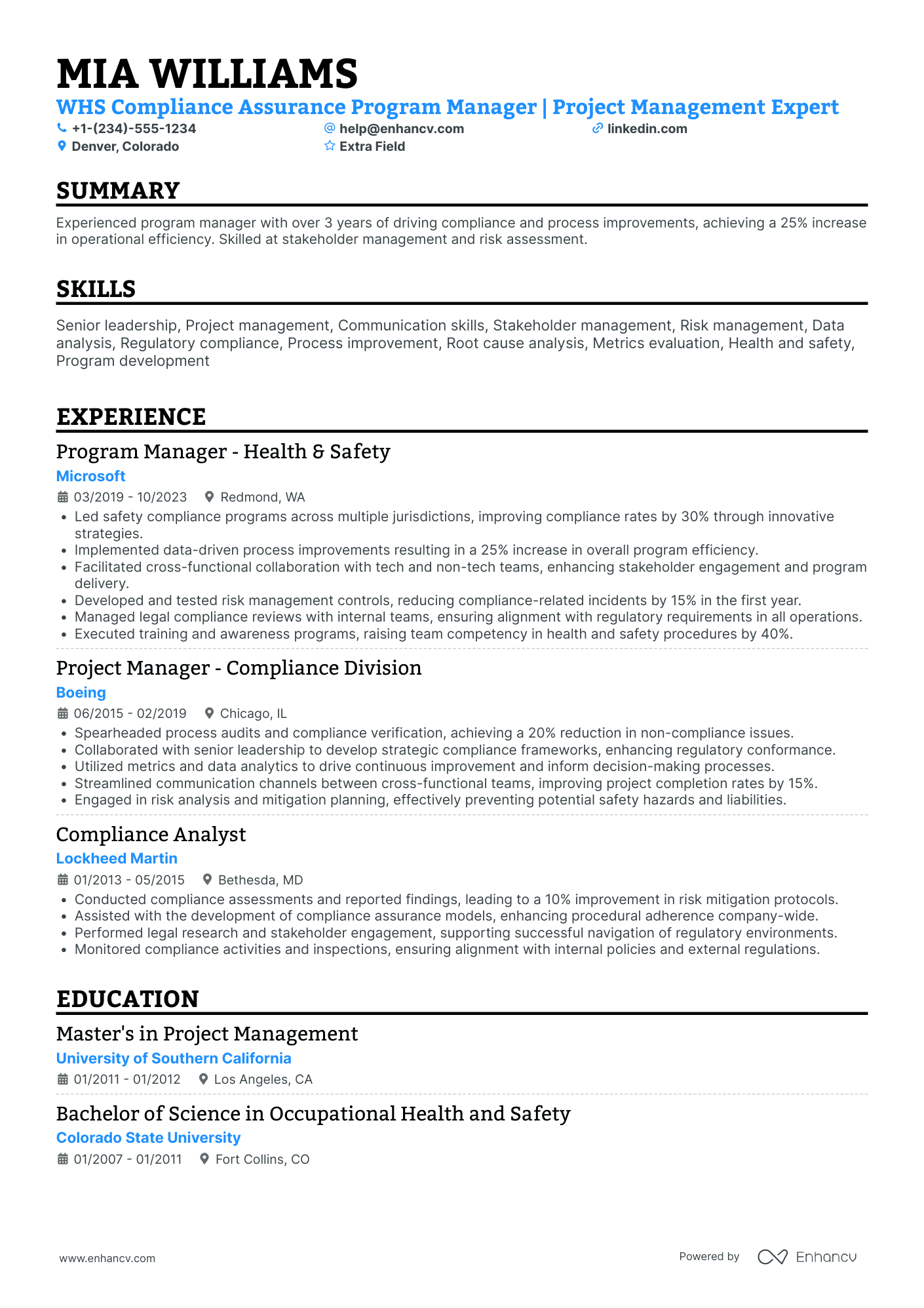 A resume example of a Compliance Assurance Manager