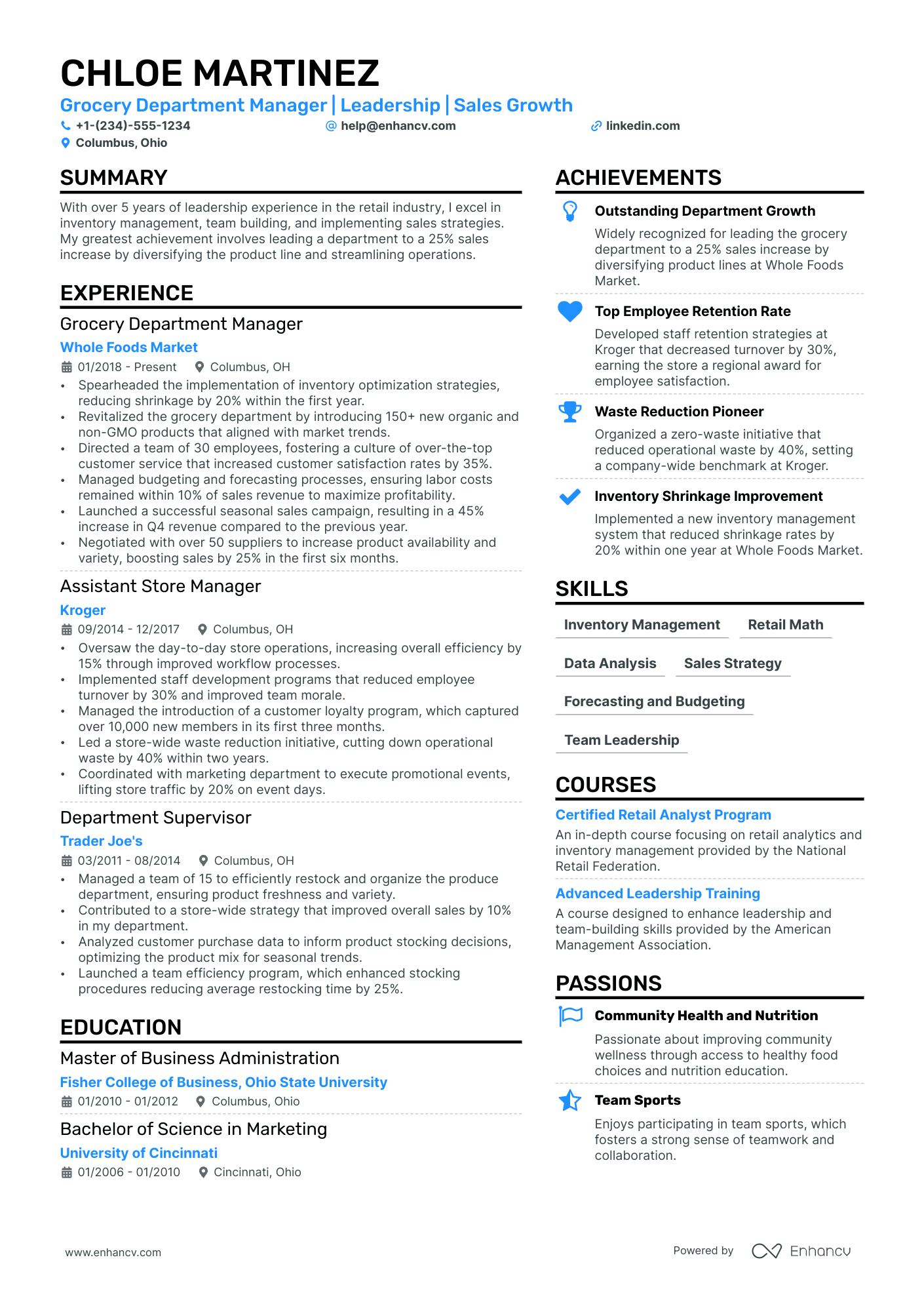 A resume example of a Grocery Store Manager