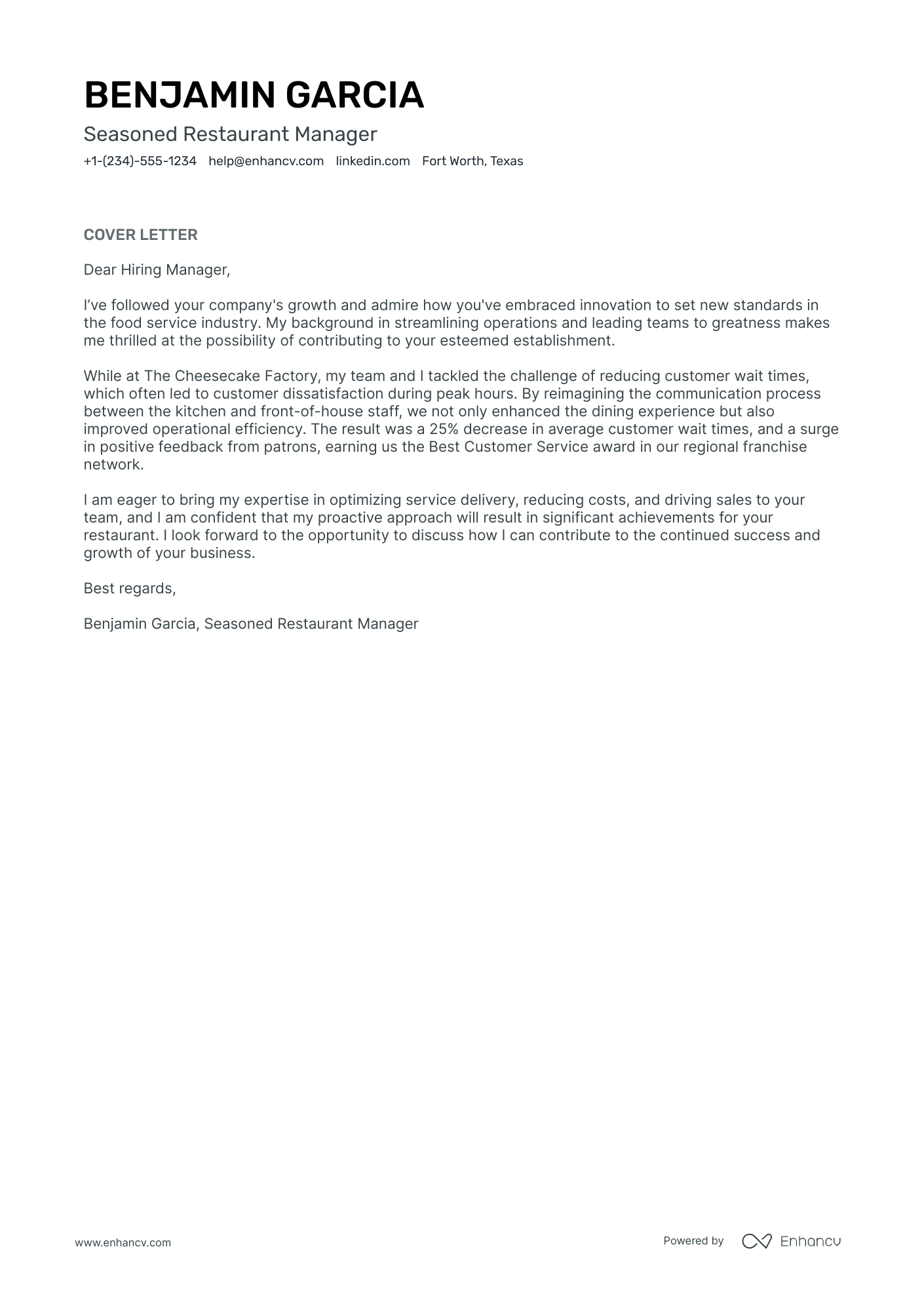 A resume example of a Restaurant General Manager