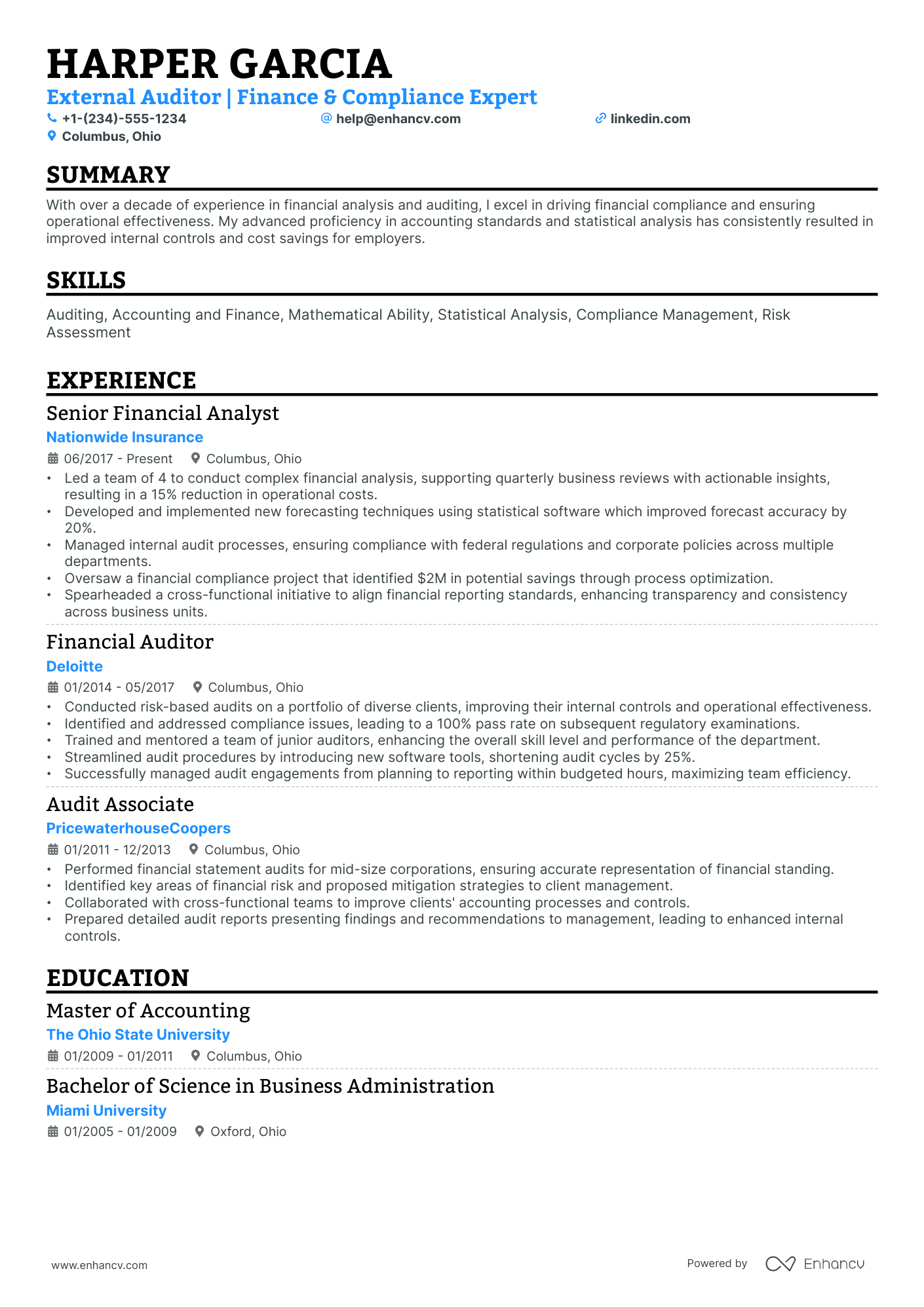 A resume example of a Single Column