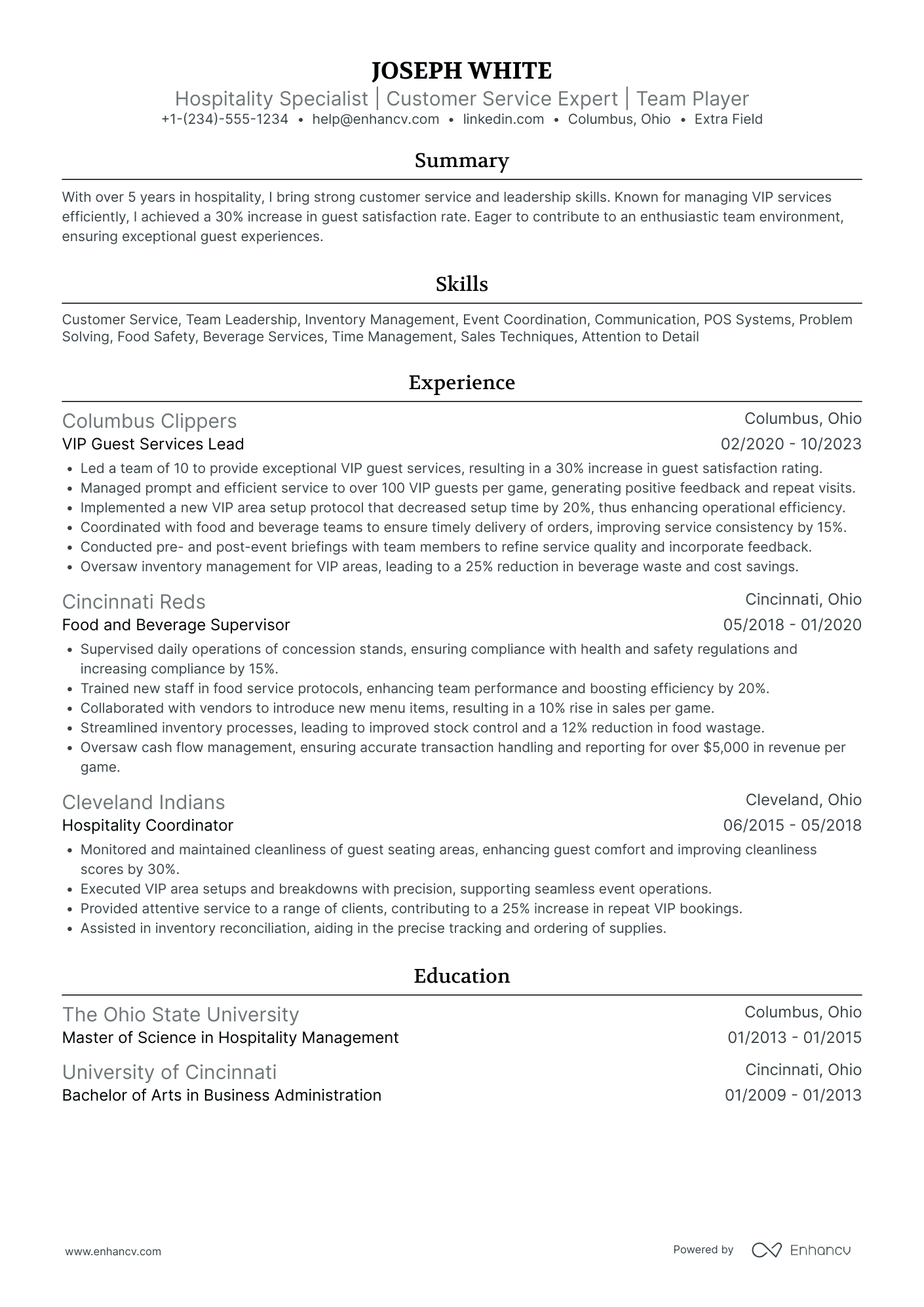 A resume example of a VIP Waiter