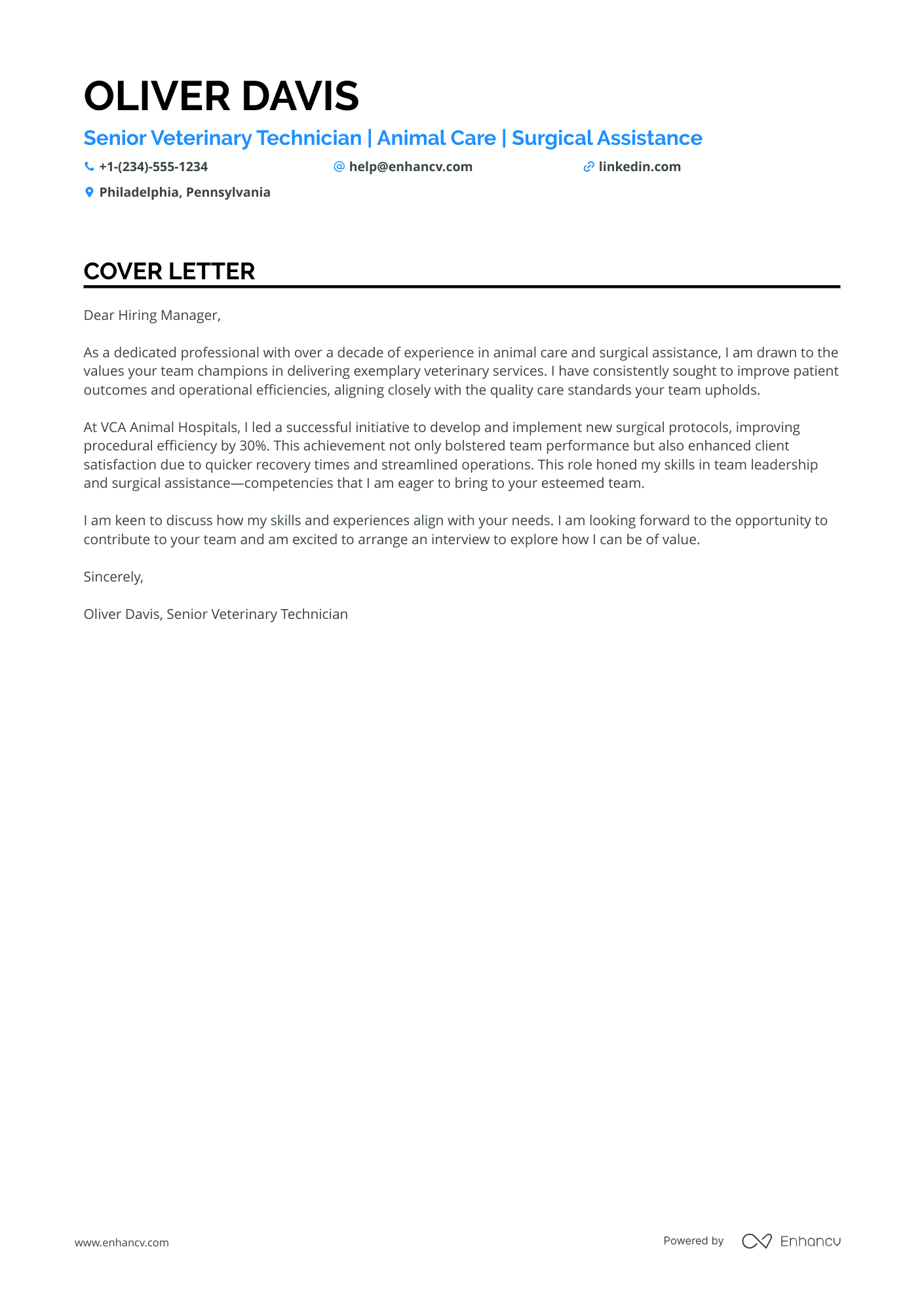 A resume example of a Senior Veterinary Technician