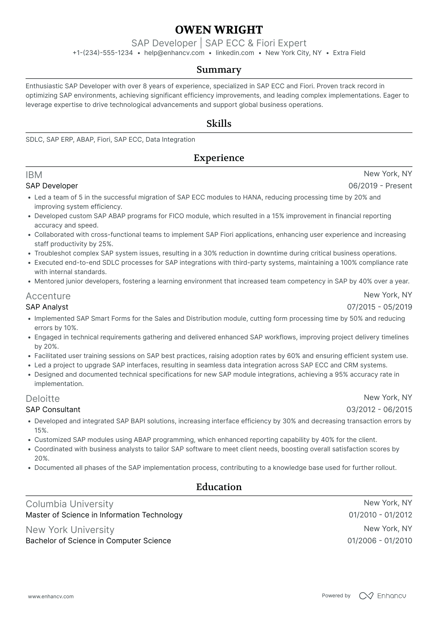 A resume example of a SAP Developer