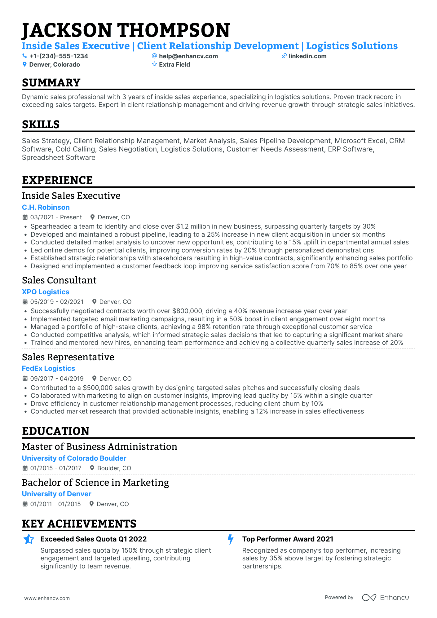 A resume example of a Inside Sales Executive
