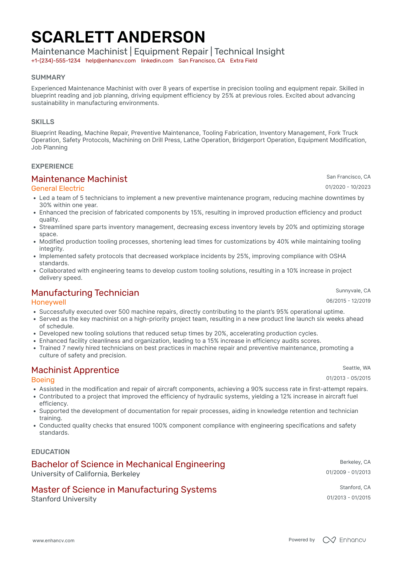 A resume example of a Maintenance Machinist