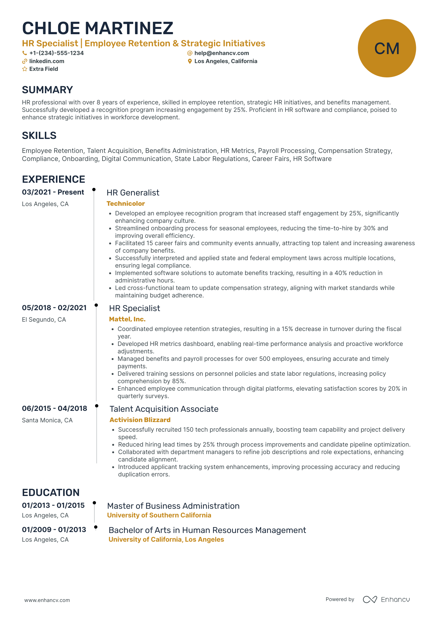 A resume example of a HR Generalist Specialist