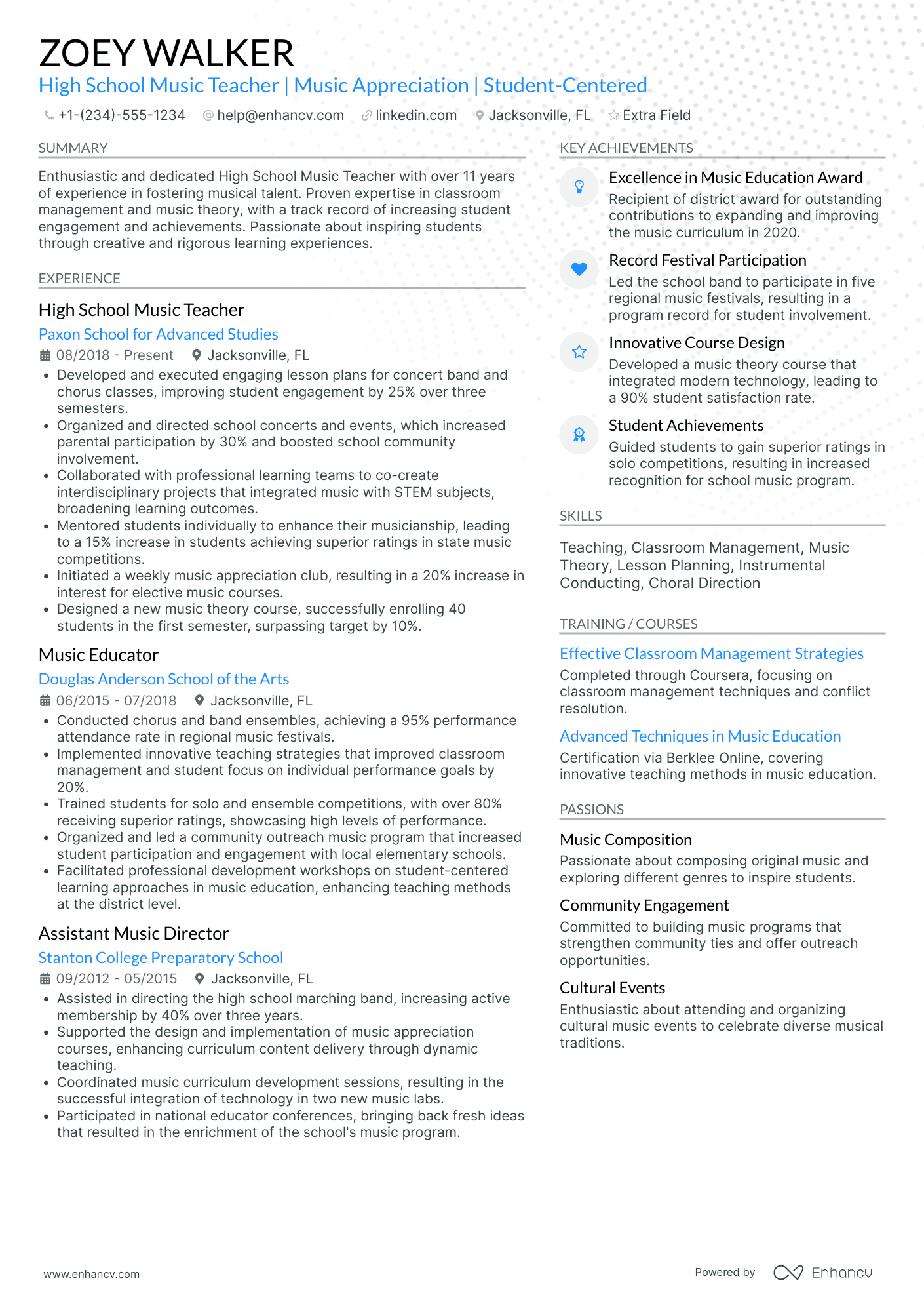 A resume example of a High School Music Teacher