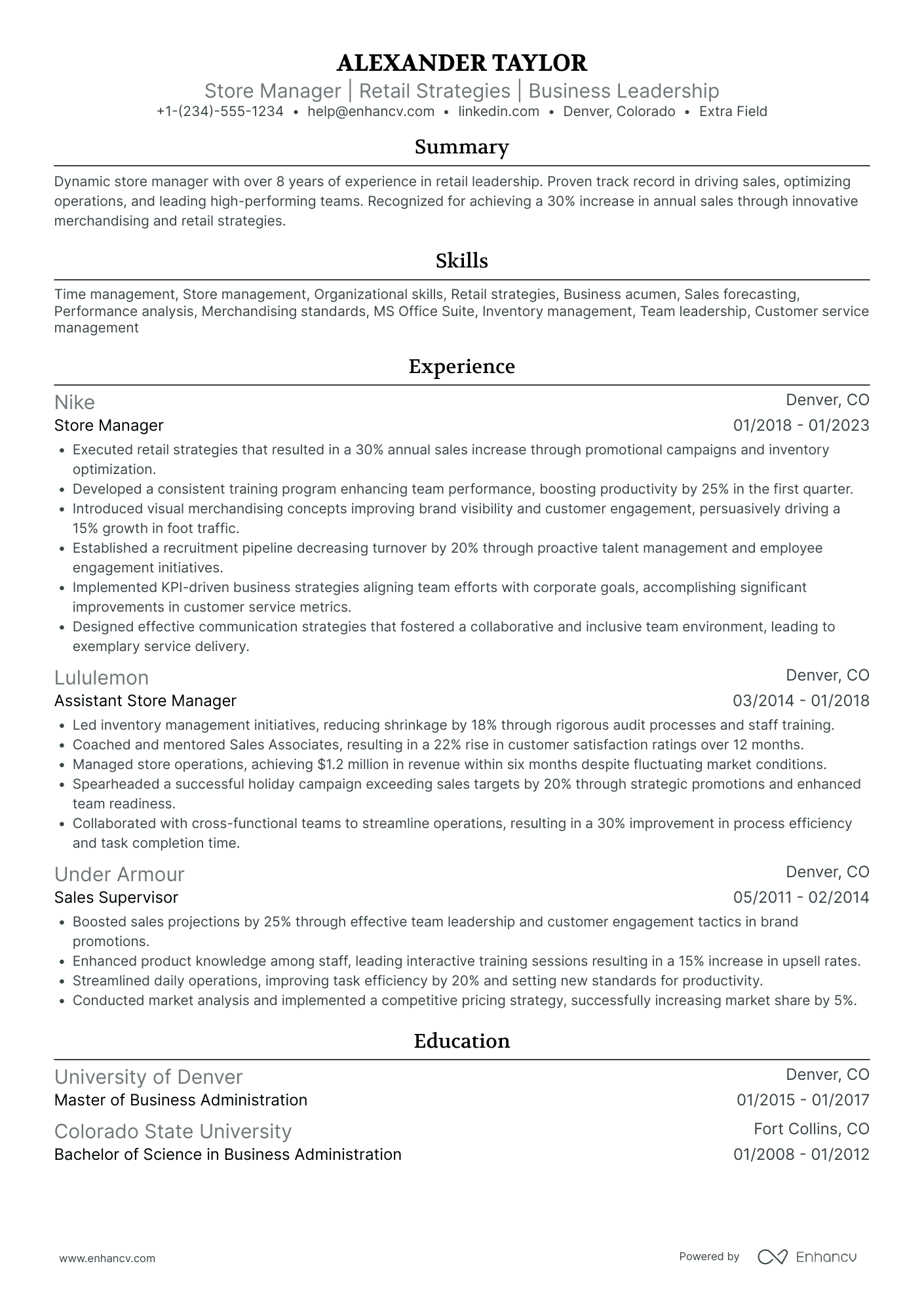 A resume example of a Fashion Store Manager