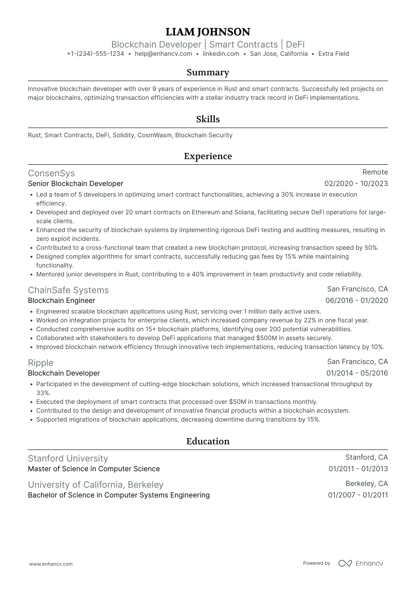 A resume example of a Senior Blockchain Developer