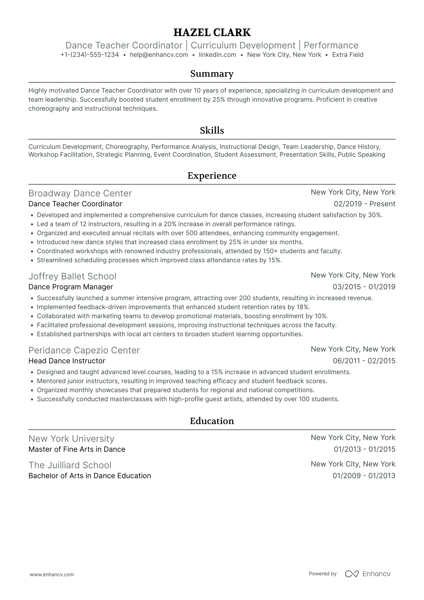 A resume example of a Dance Teacher Coordinator