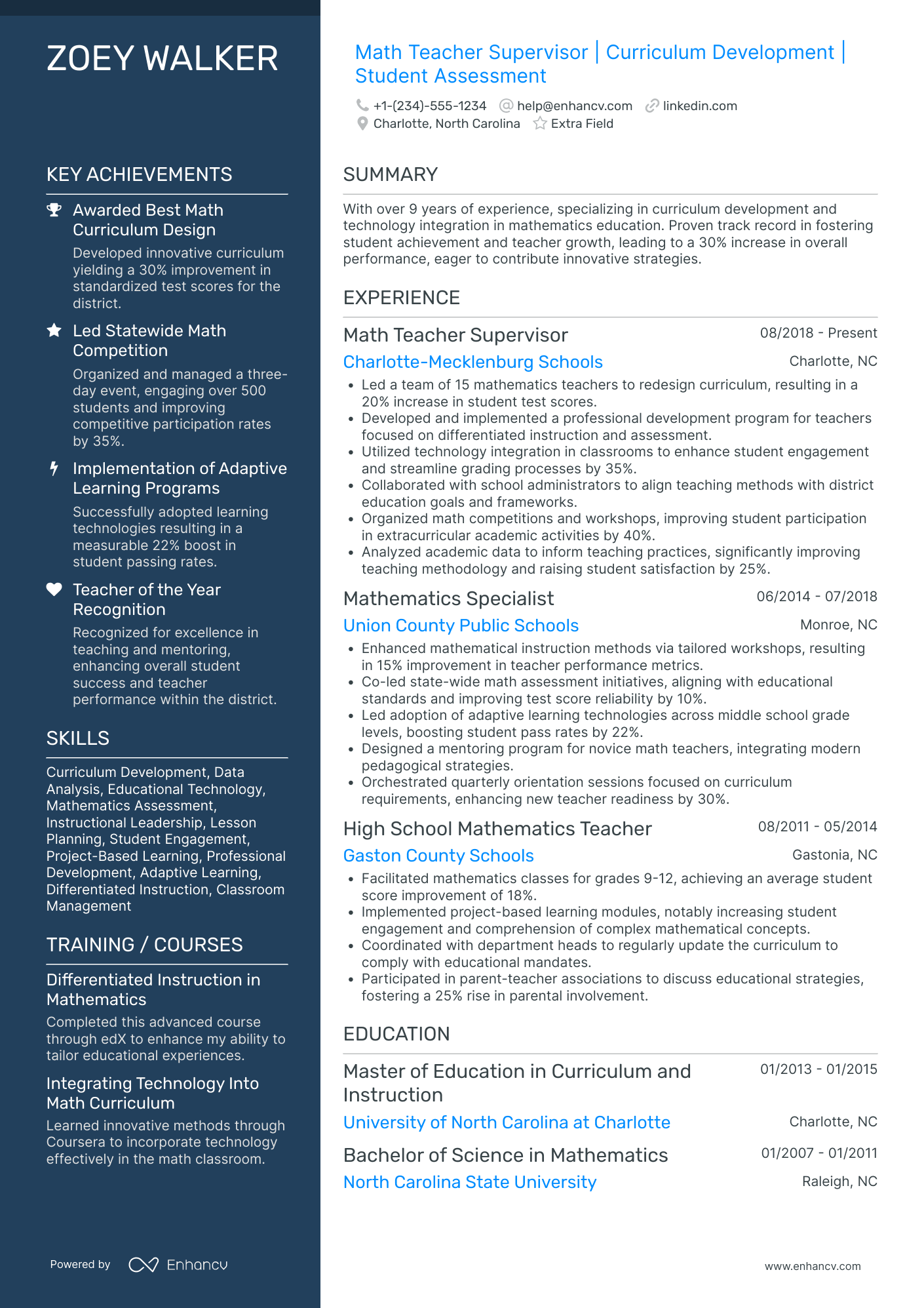A resume example of a Math Teacher Supervisor