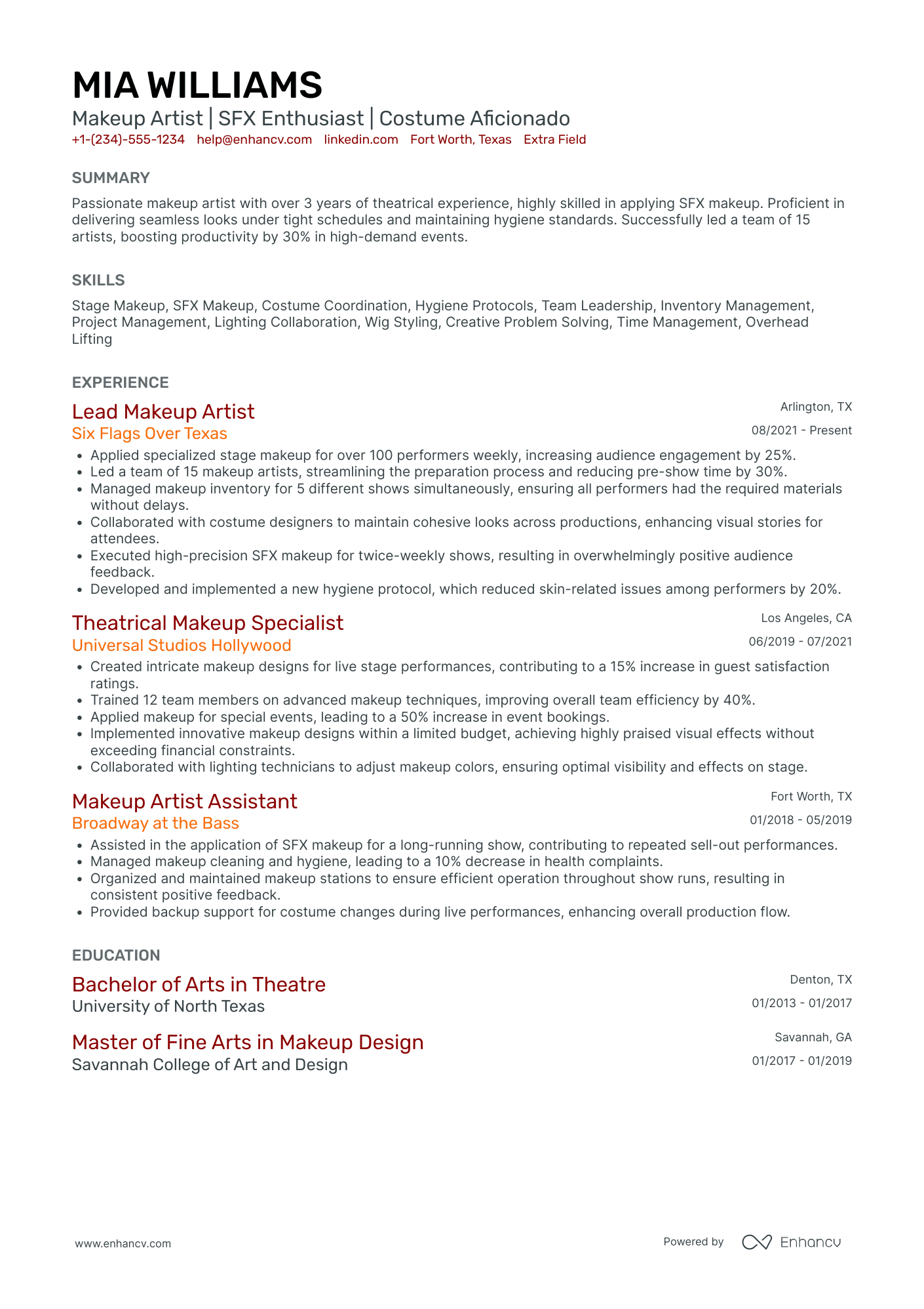A resume example of a Lead Makeup Artist