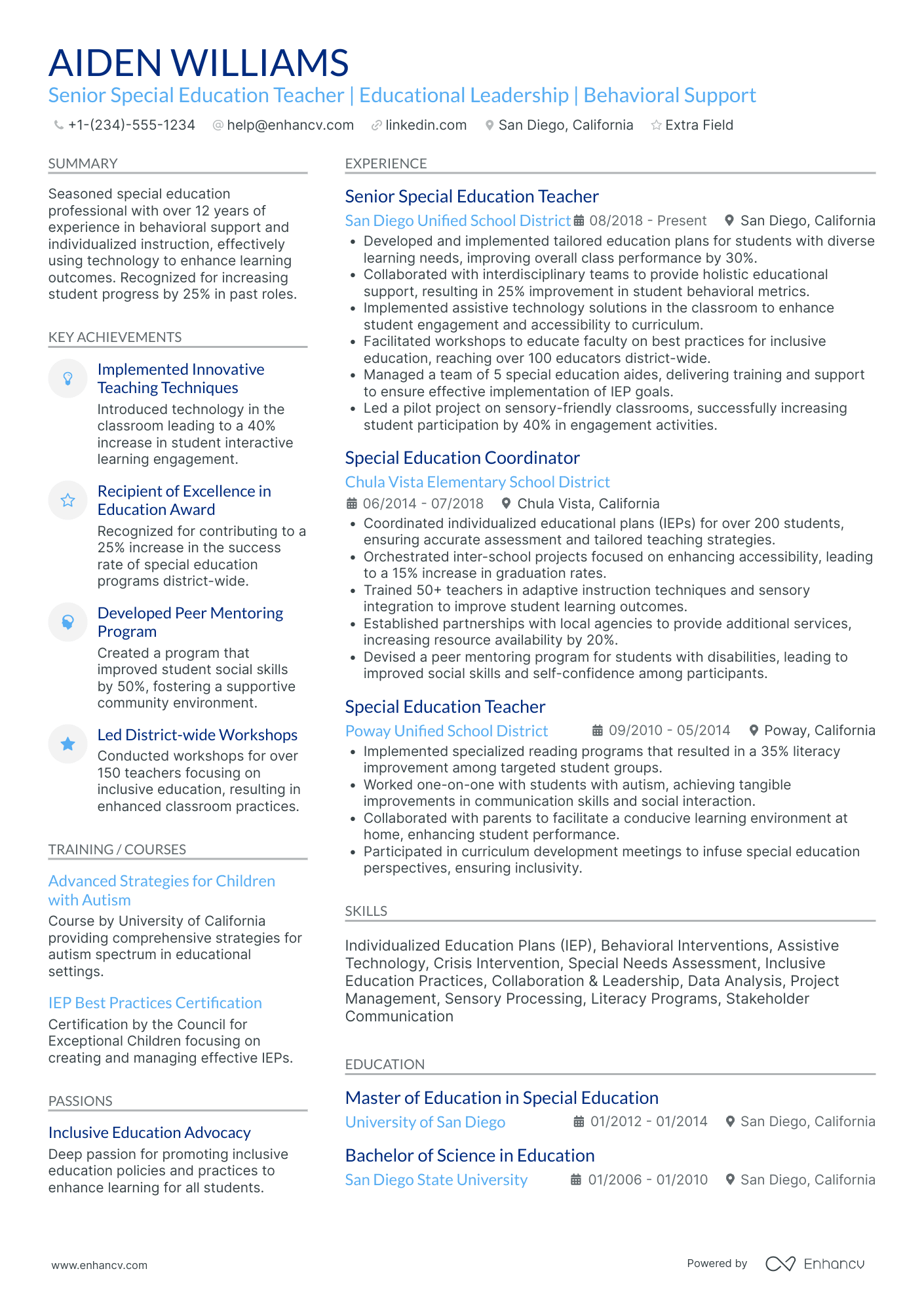 A resume example of a Senior Special Education Teacher