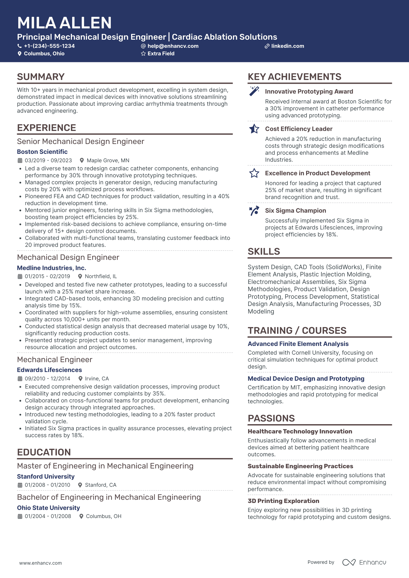 A resume example of a Principal Mechanical Design Engineer