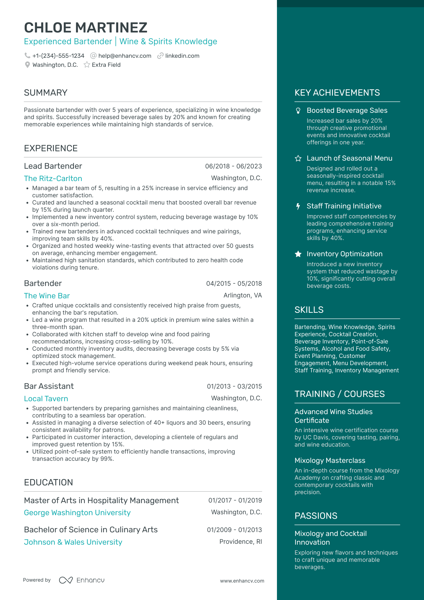 A resume example of a Specialty Drink Bartender