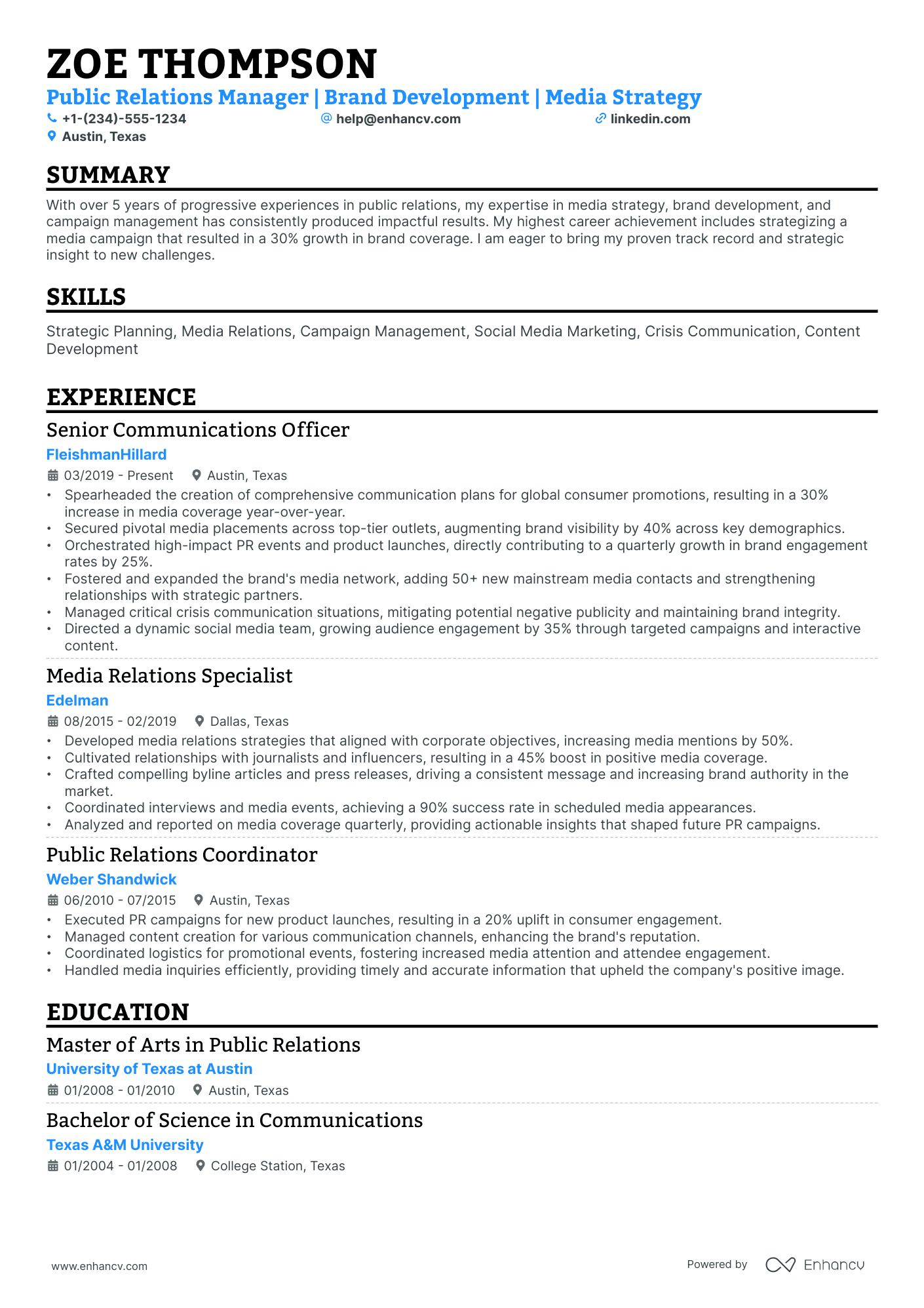 A resume example of a Single Column