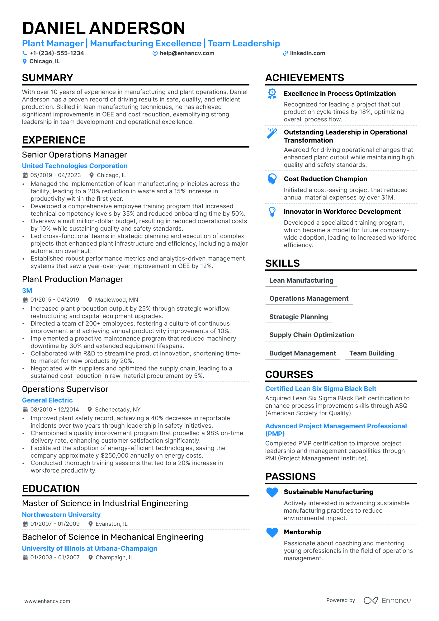 A resume example of a Plant Manager