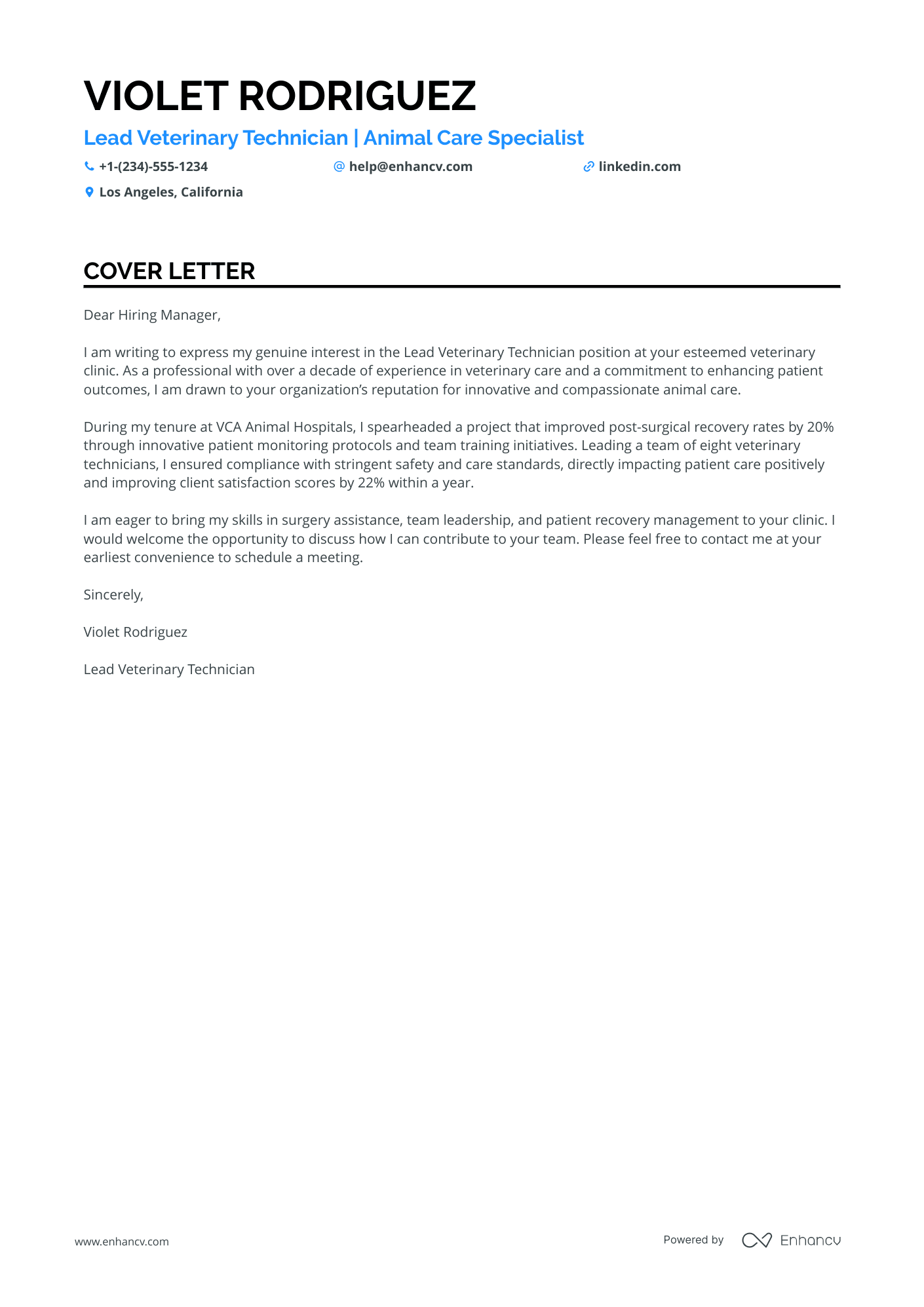 A resume example of a Lead Veterinary Technician
