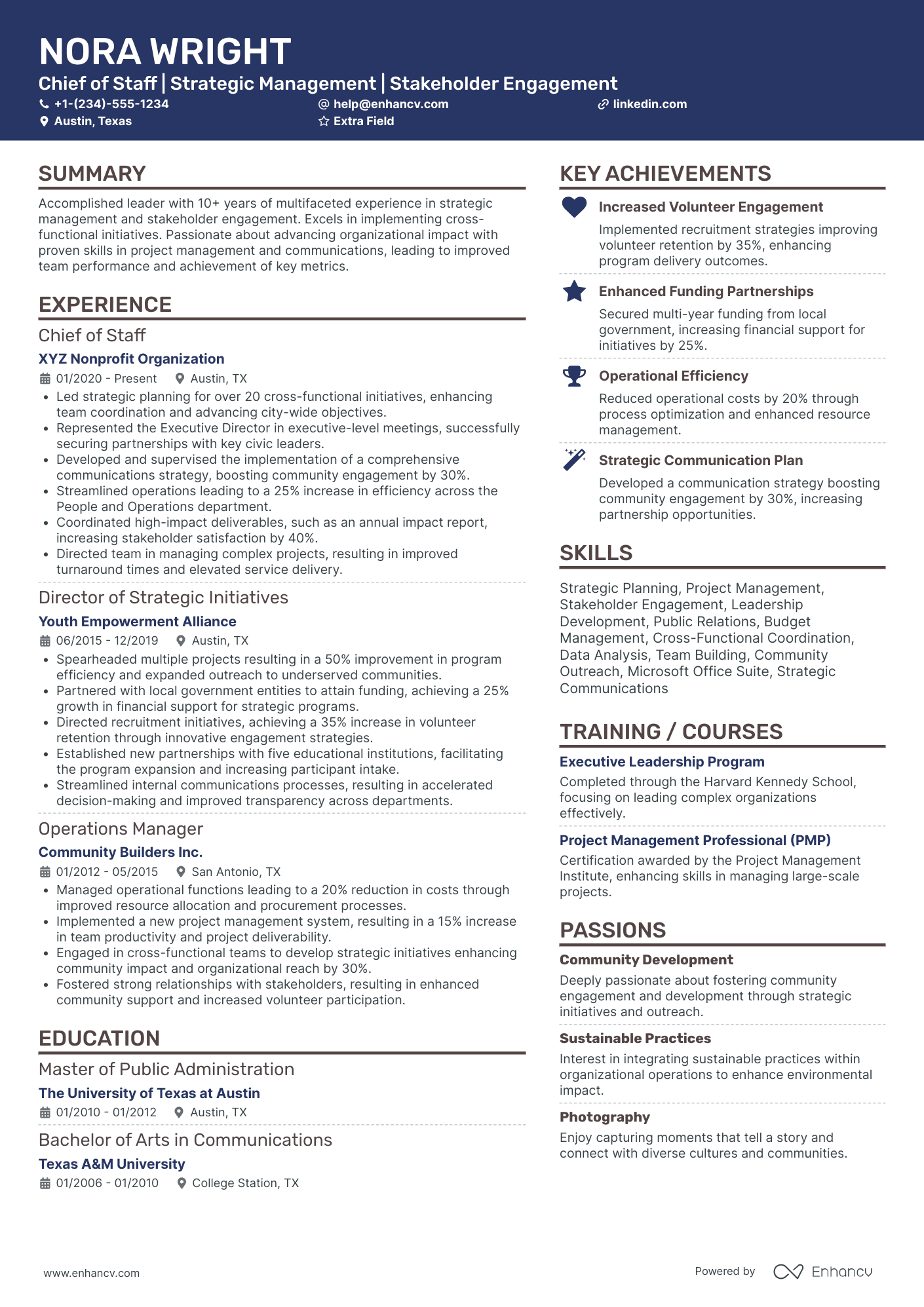 A resume example of a Chief of Staff for Operations