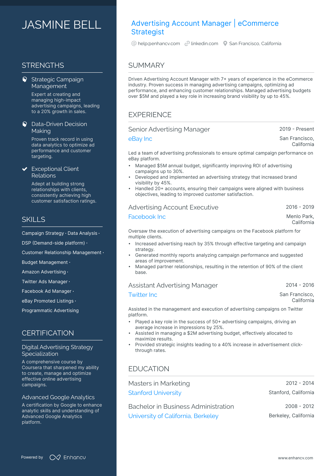 A resume example of a Advertising Manager
