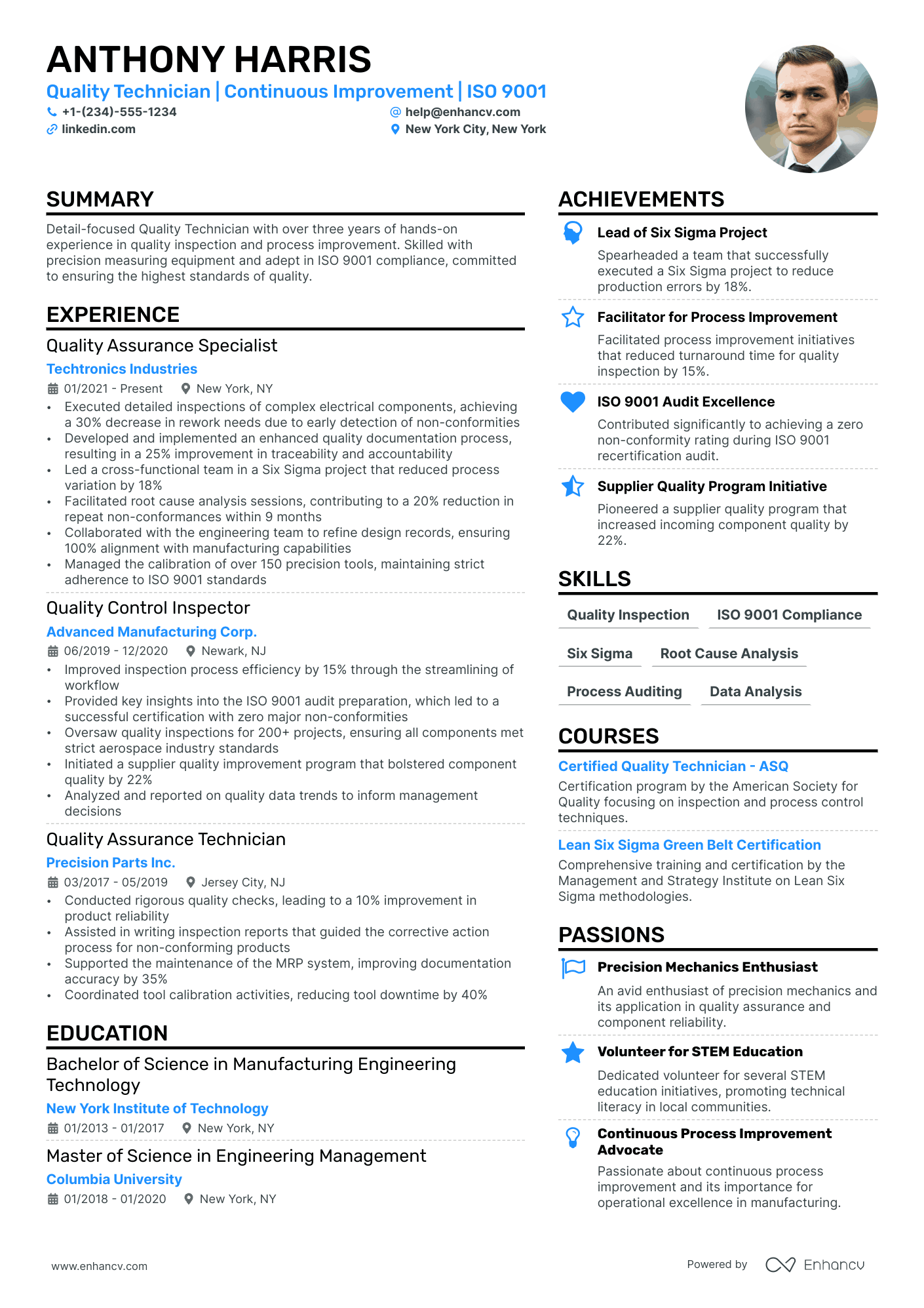 A resume example of a Quality Technician