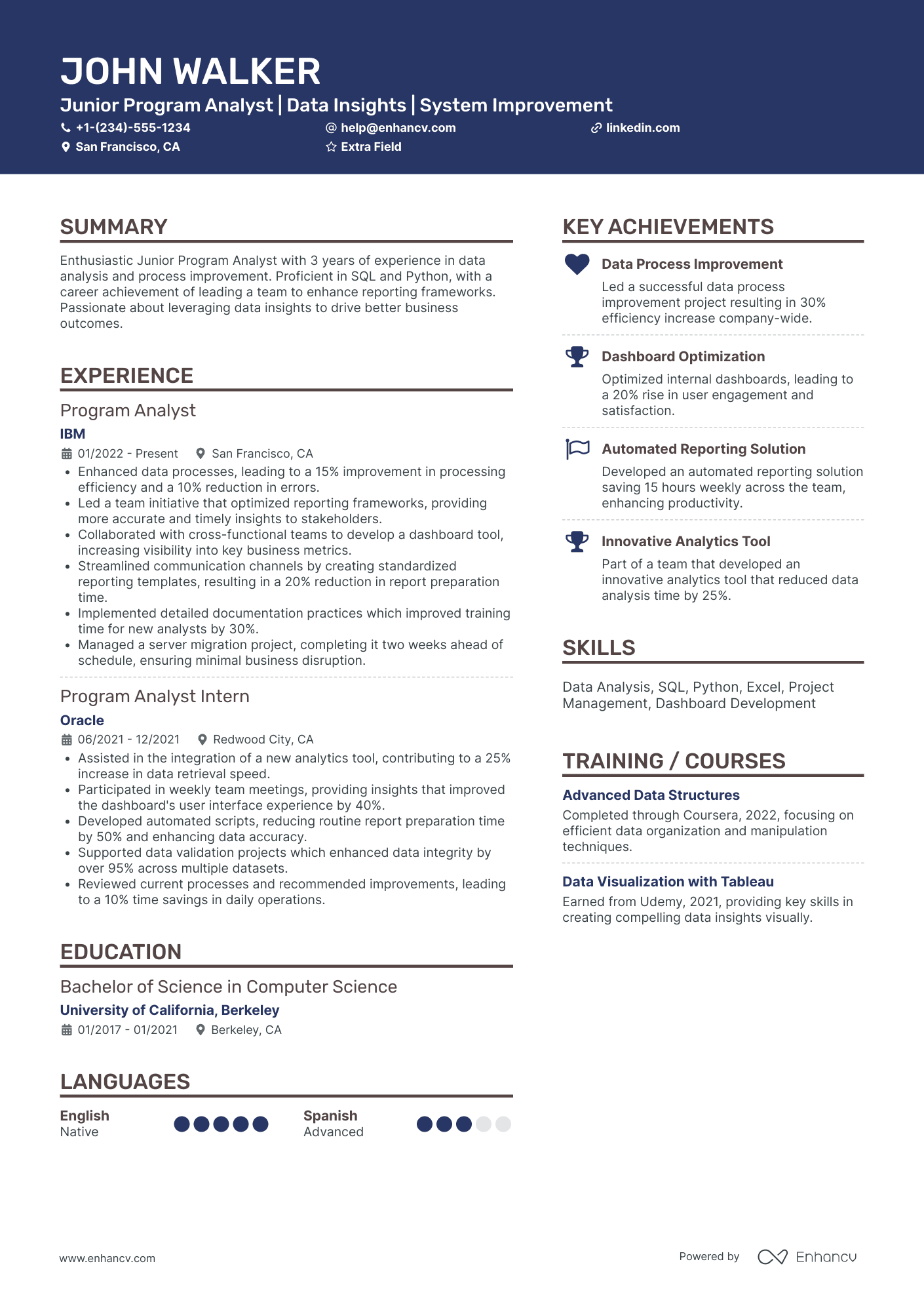 A resume example of a Junior Program Analyst