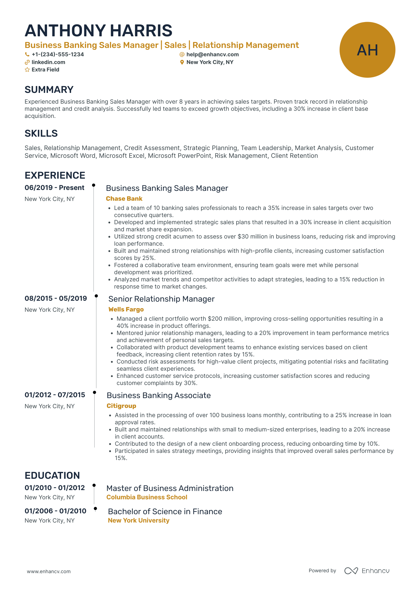 A resume example of a Bank Sales Manager