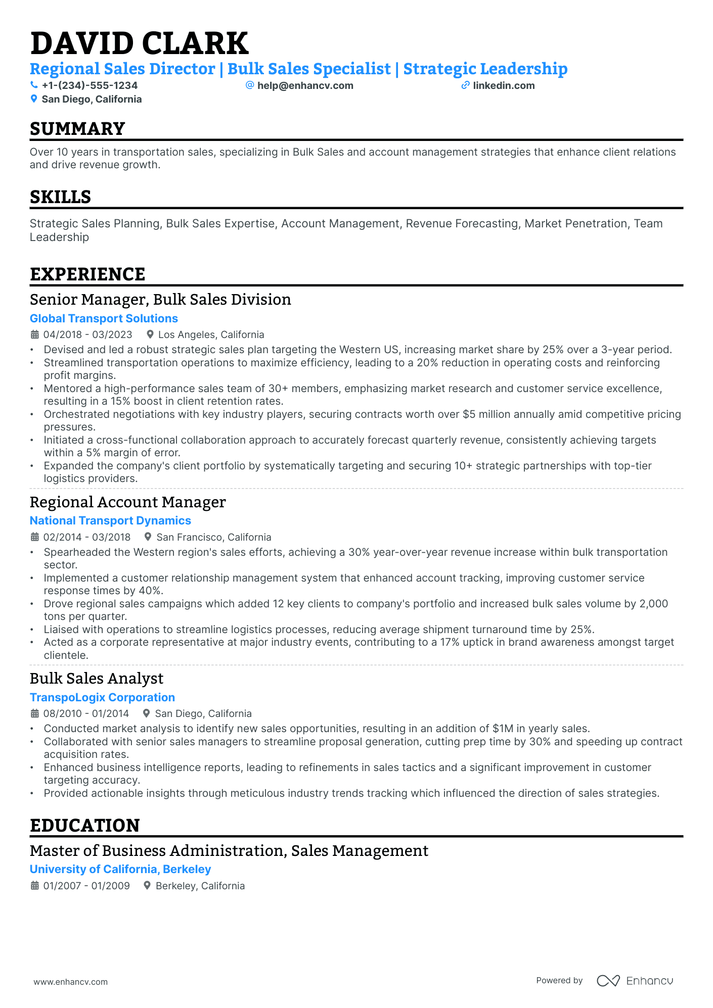 A resume example of a Single Column