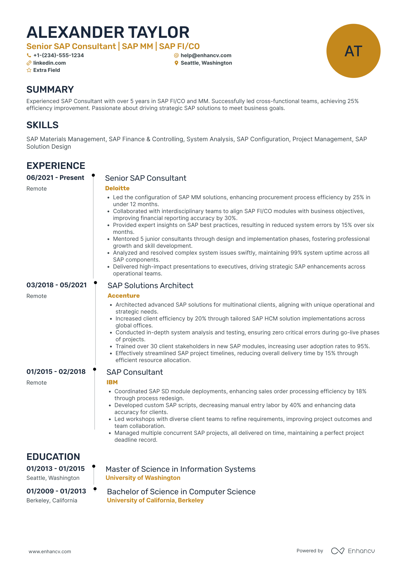 A resume example of a Senior SAP Consultant