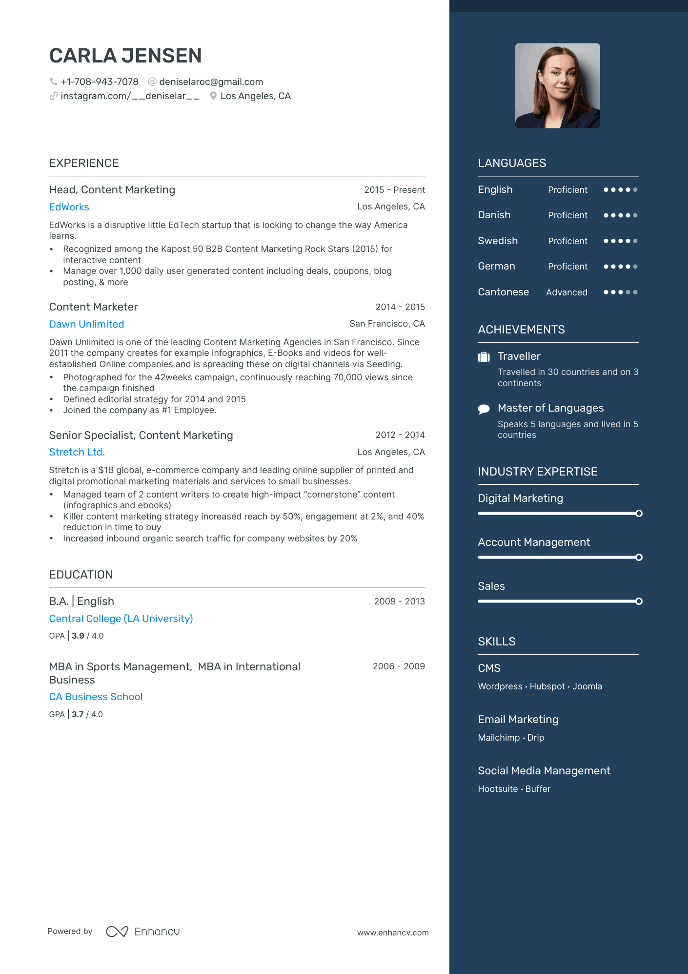 A resume example of a Content Marketing