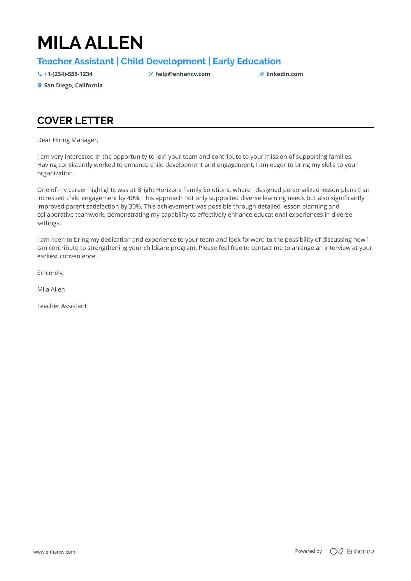 A resume example of a Day Care Teacher Assistant