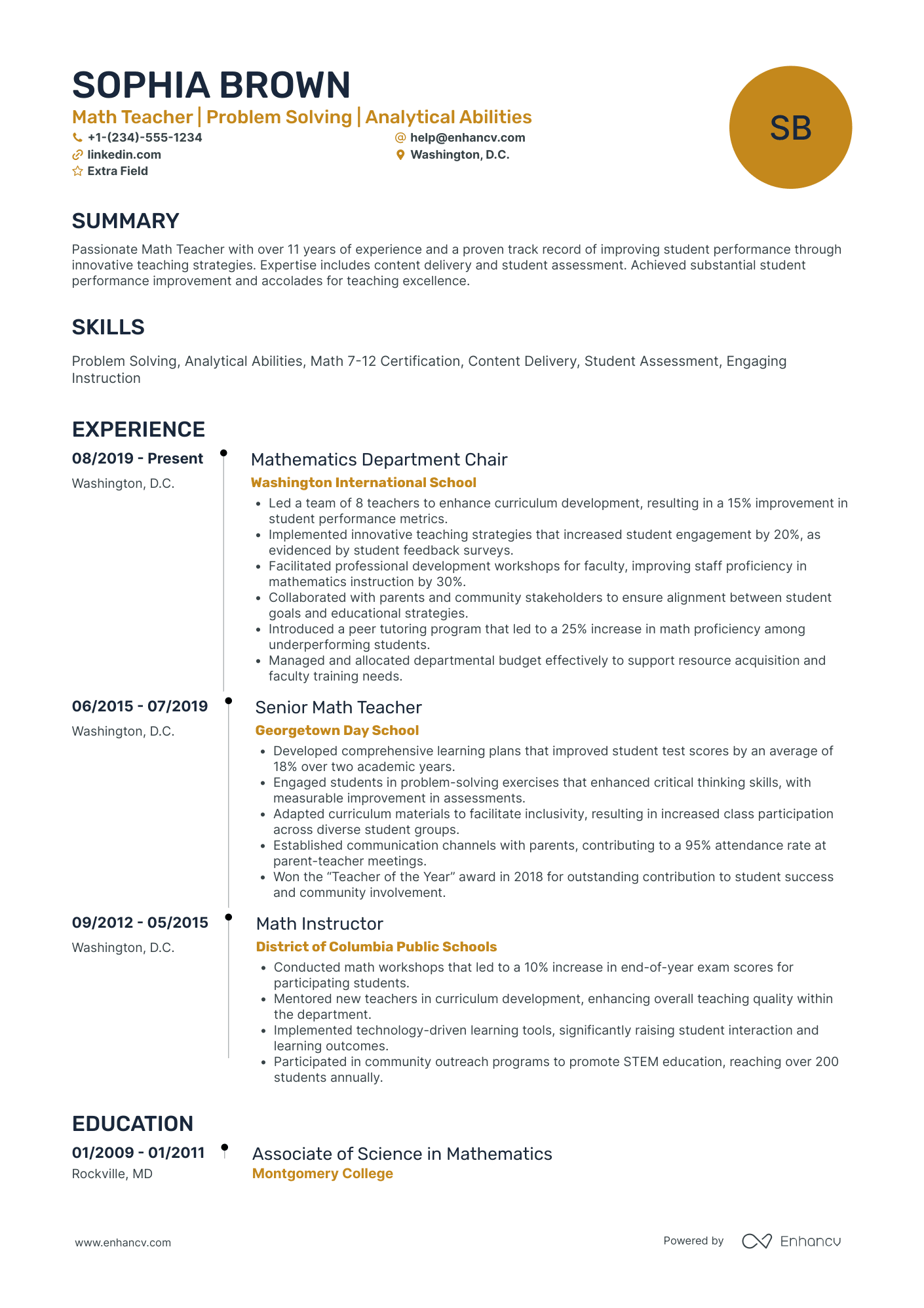 A resume example of a Mid Level High School Teacher