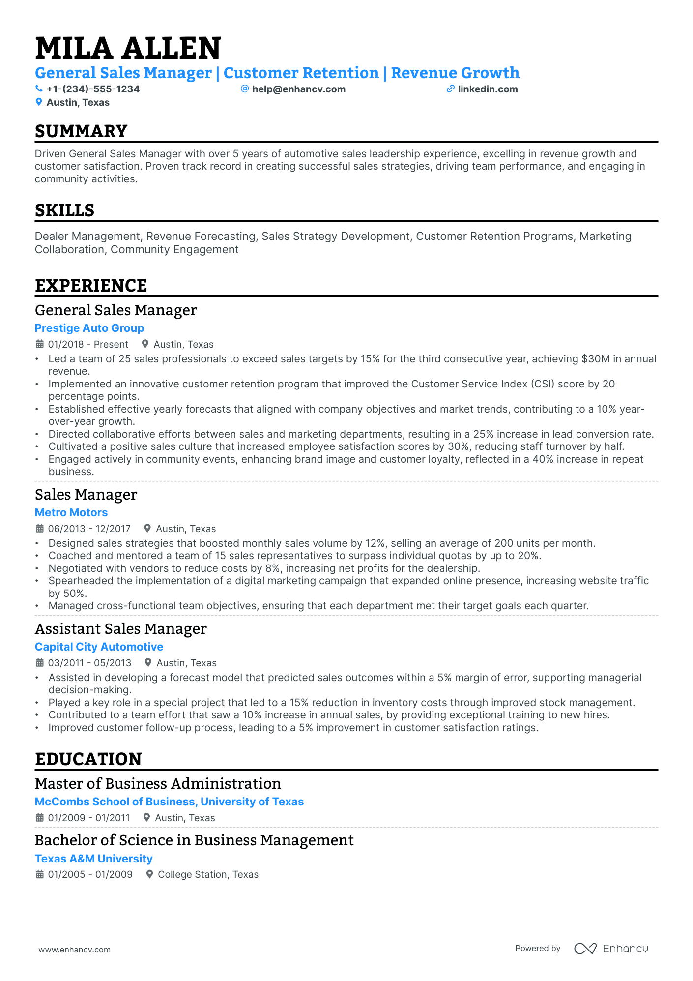 A resume example of a Single Column