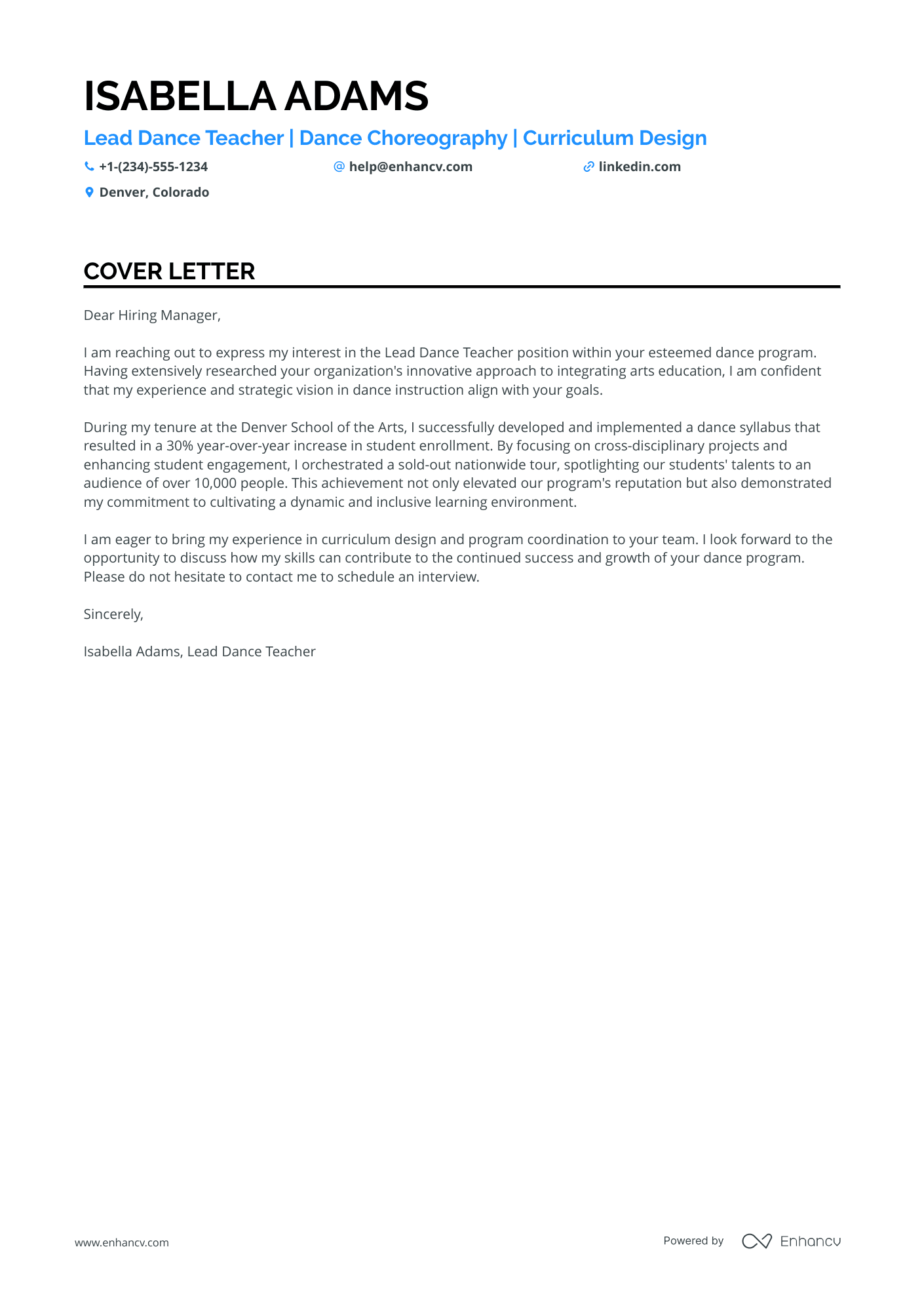 A resume example of a Lead Dance Teacher