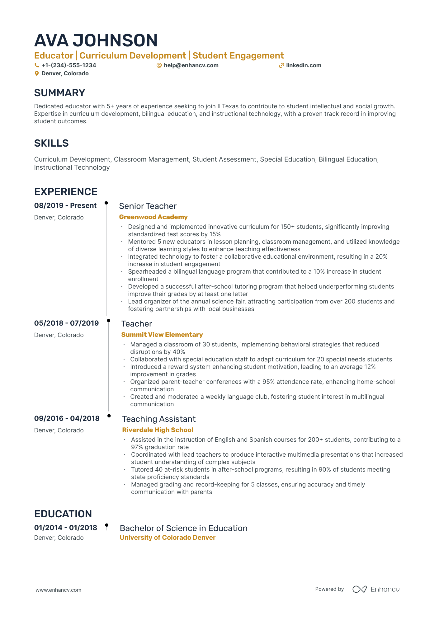 A resume example of a Timeline