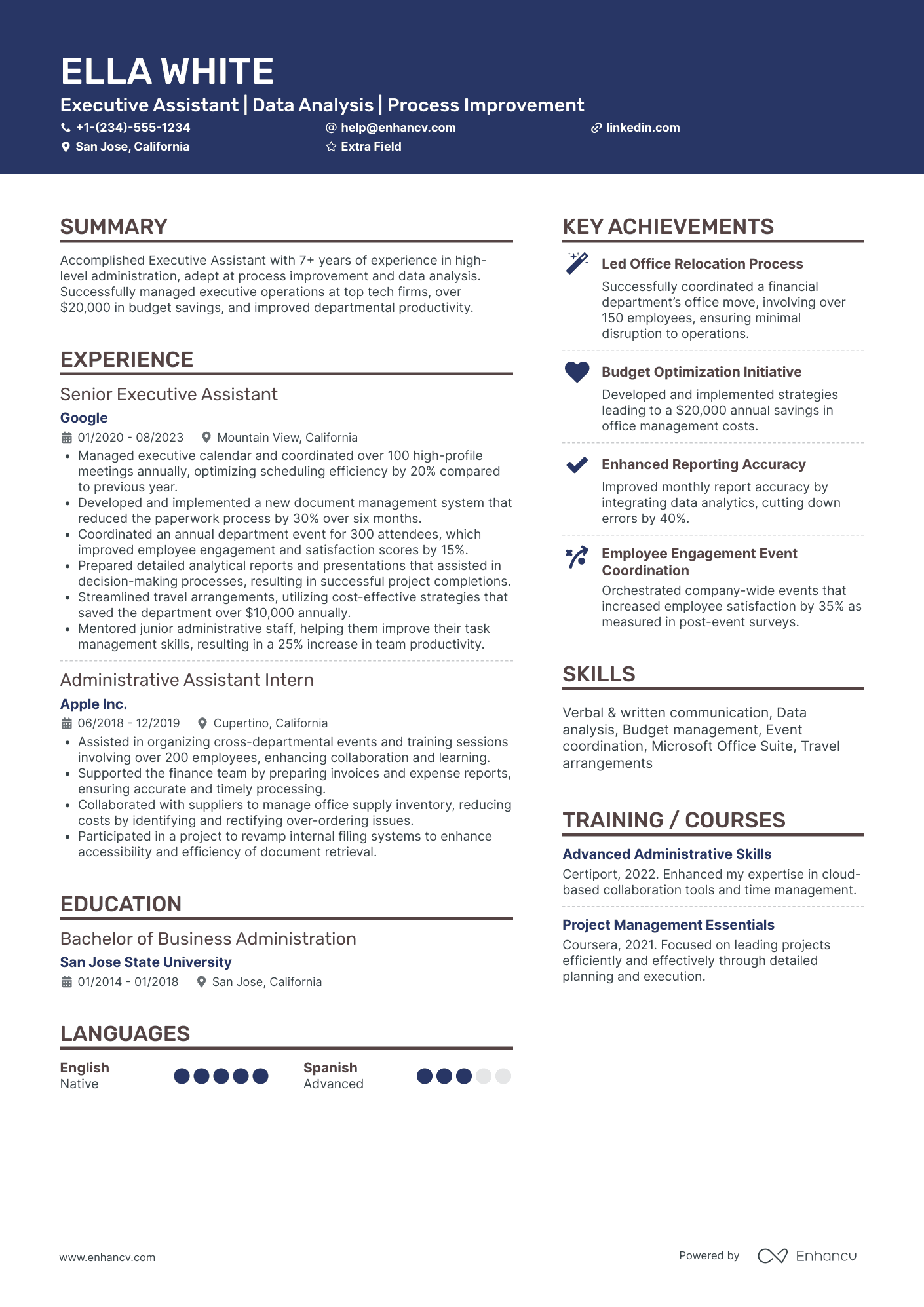 A resume example of a Junior Executive Assistant