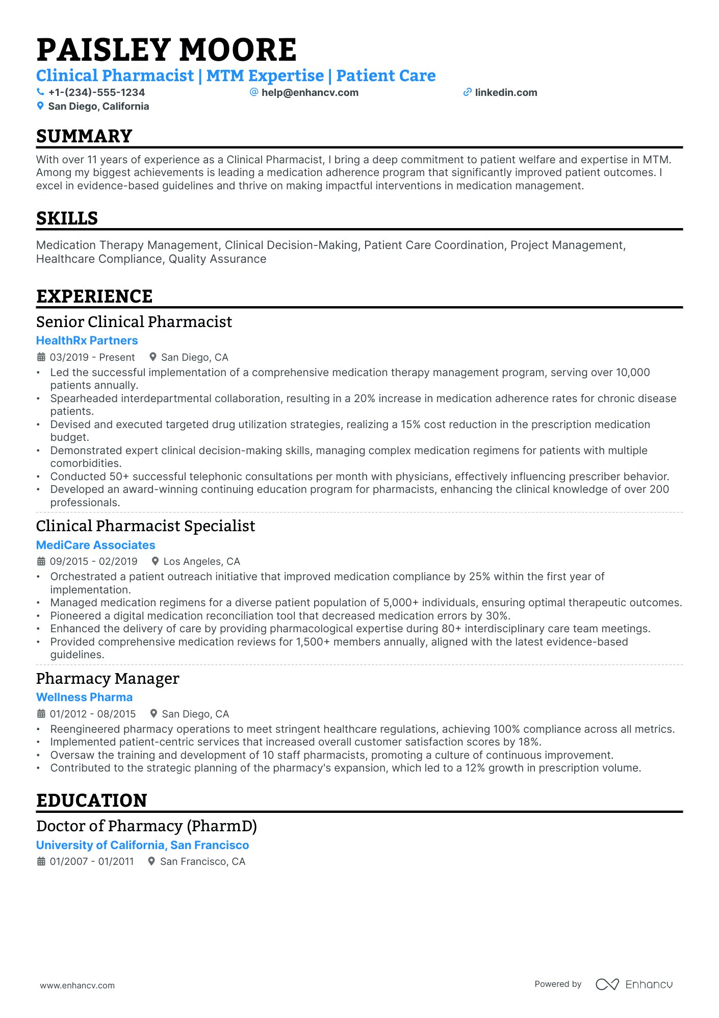 A resume example of a Single Column