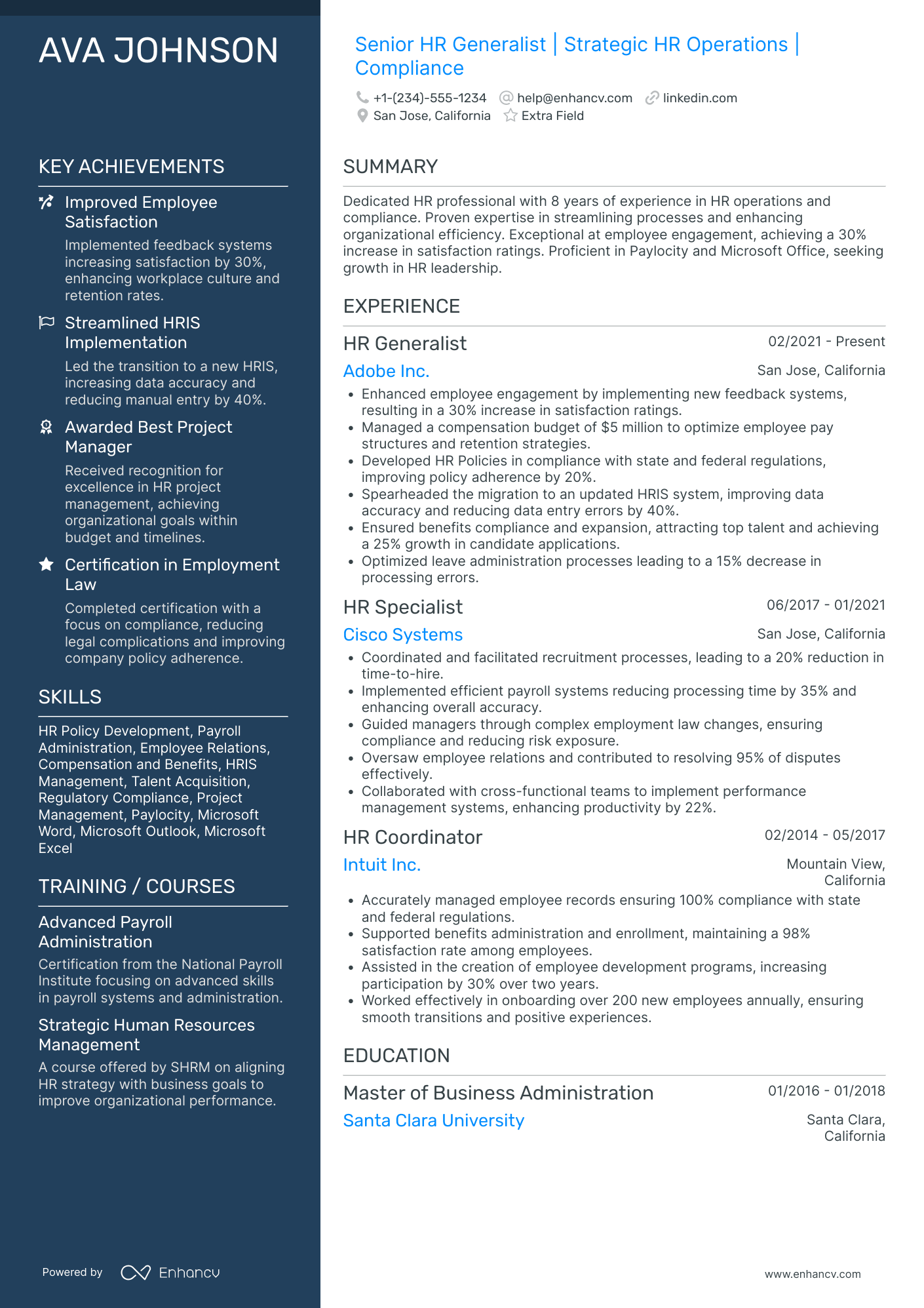 A resume example of a Senior HR Generalist