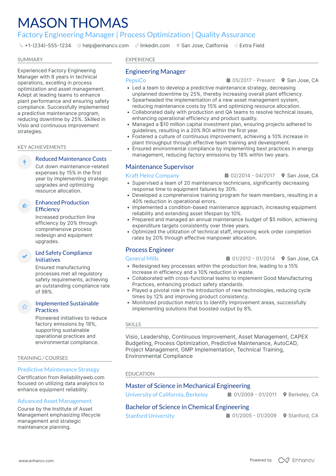 A resume example of a Factory Quality Control Manager