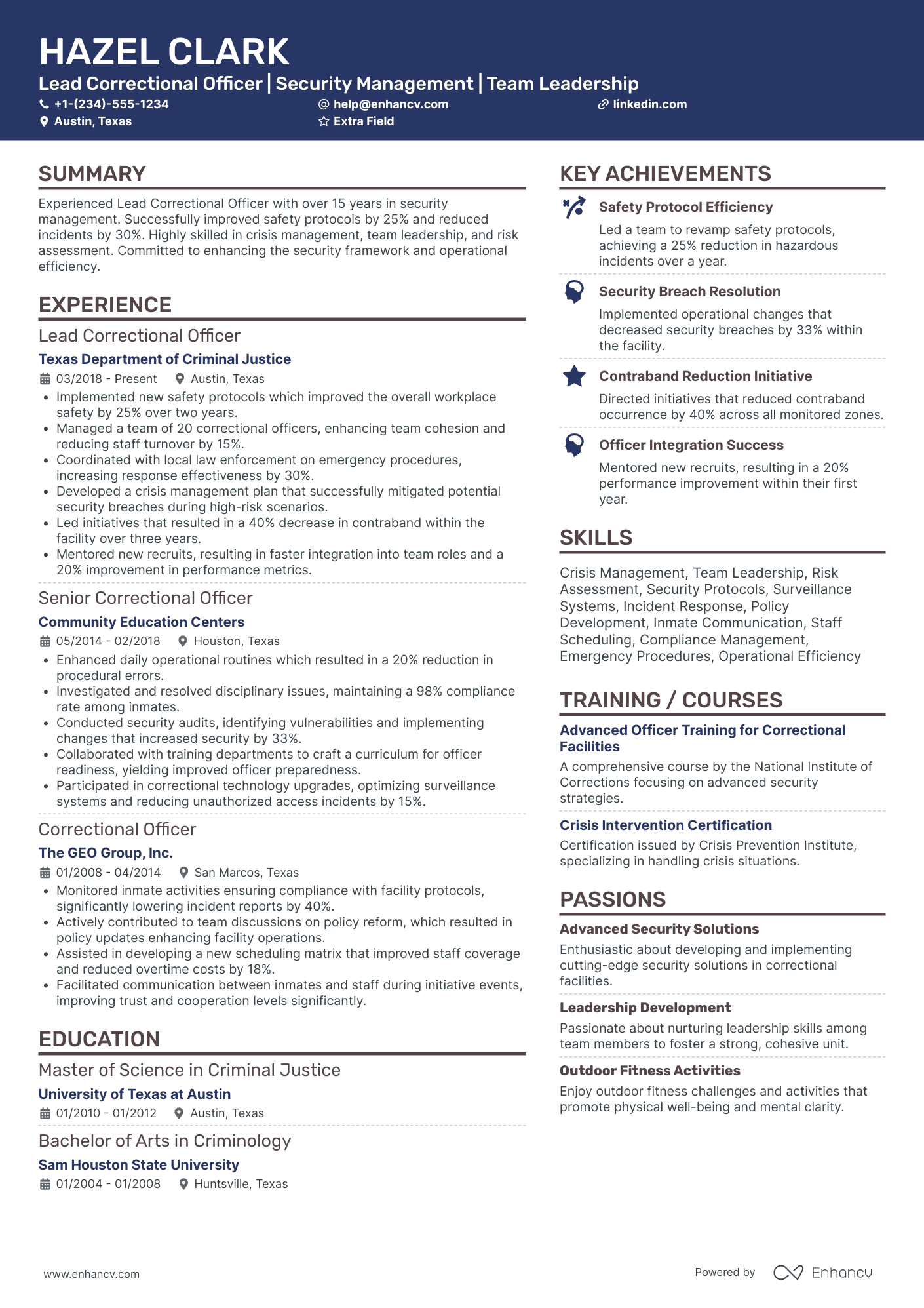 A resume example of a Lead Correctional Officer