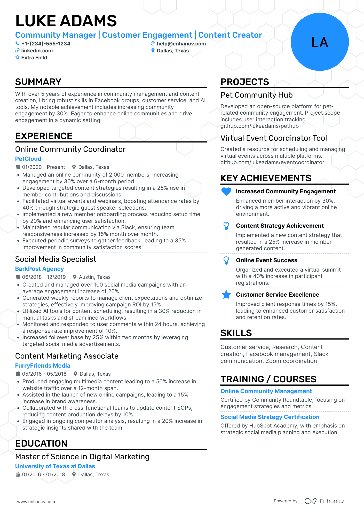 A resume example of a Facebook Community Manager