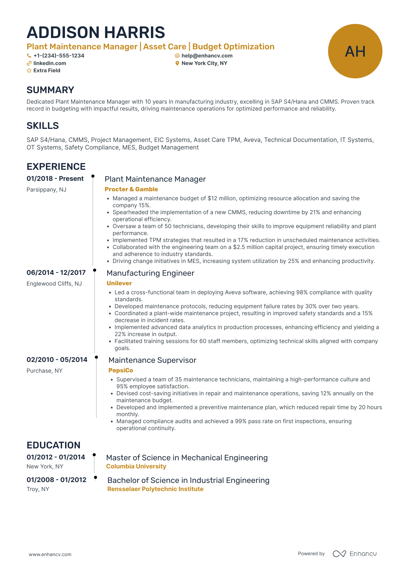 A resume example of a Factory Planning Manager