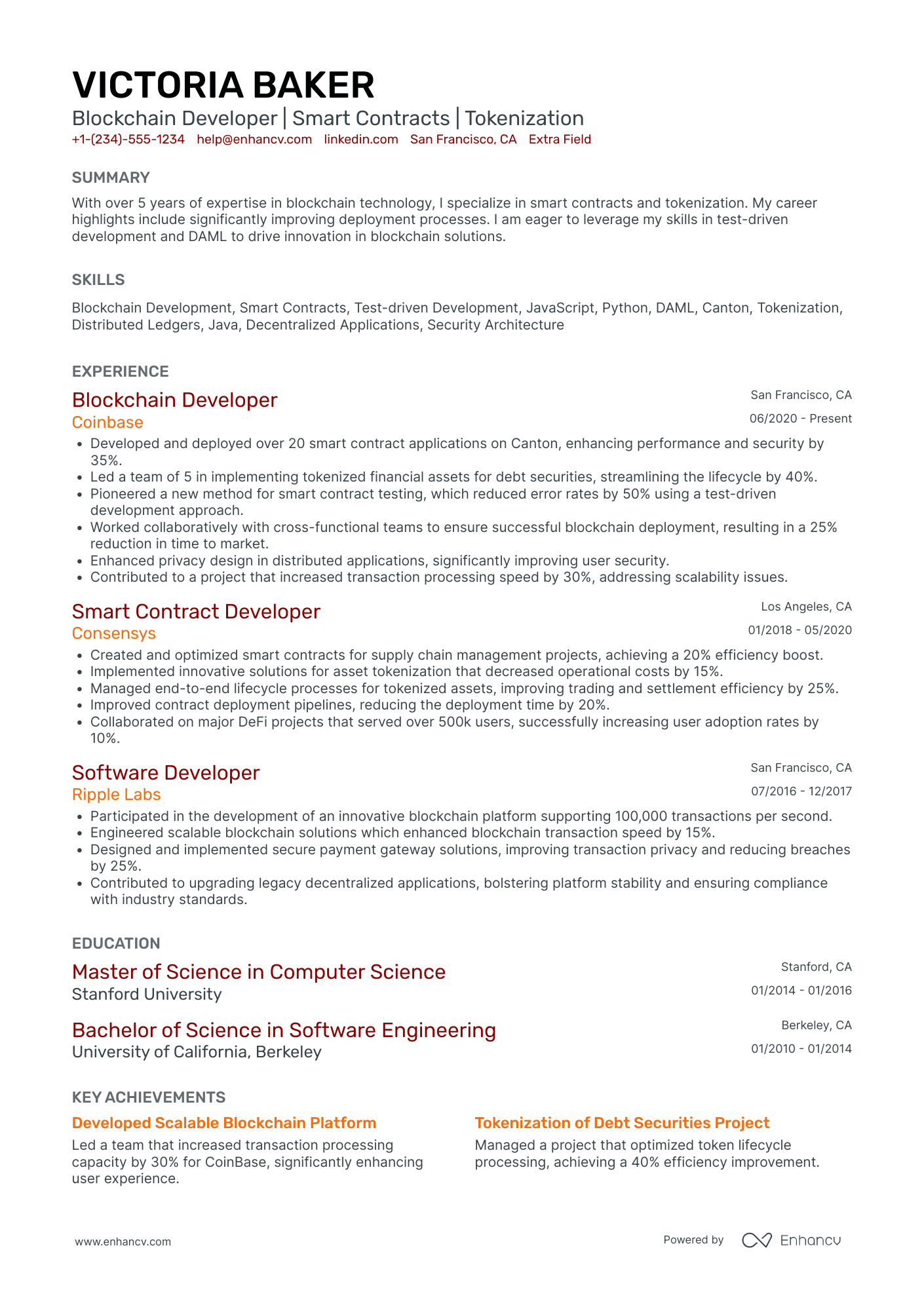 A resume example of a Entry Level Blockchain Developer