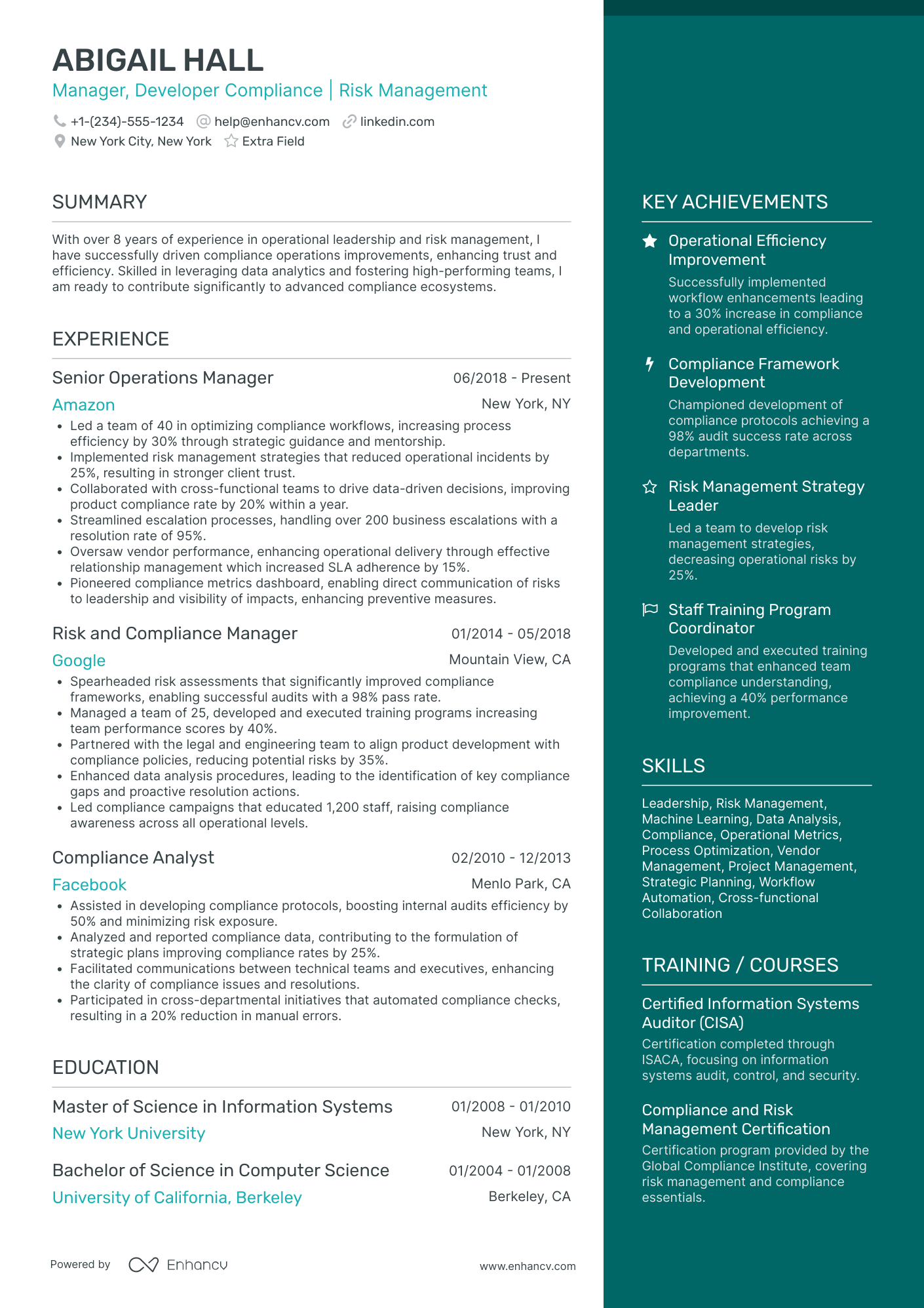 A resume example of a Compliance Operations Manager