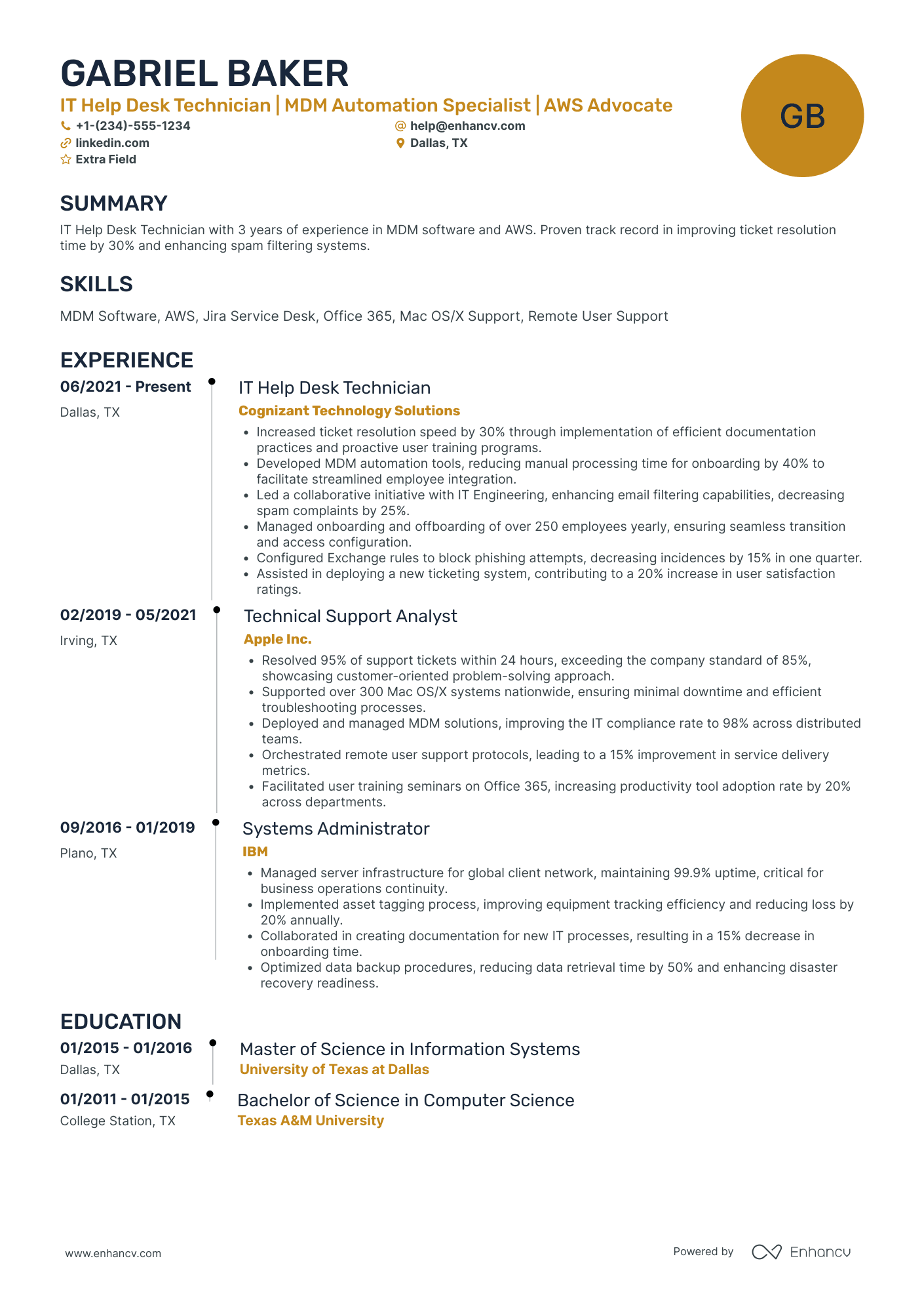 A resume example of a IT Help Desk Technician