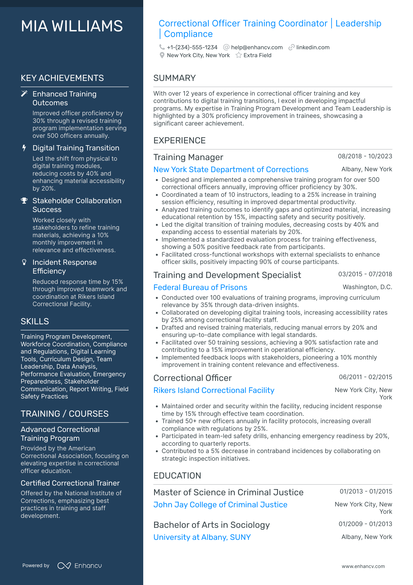 A resume example of a Correctional Officer Training Coordinator