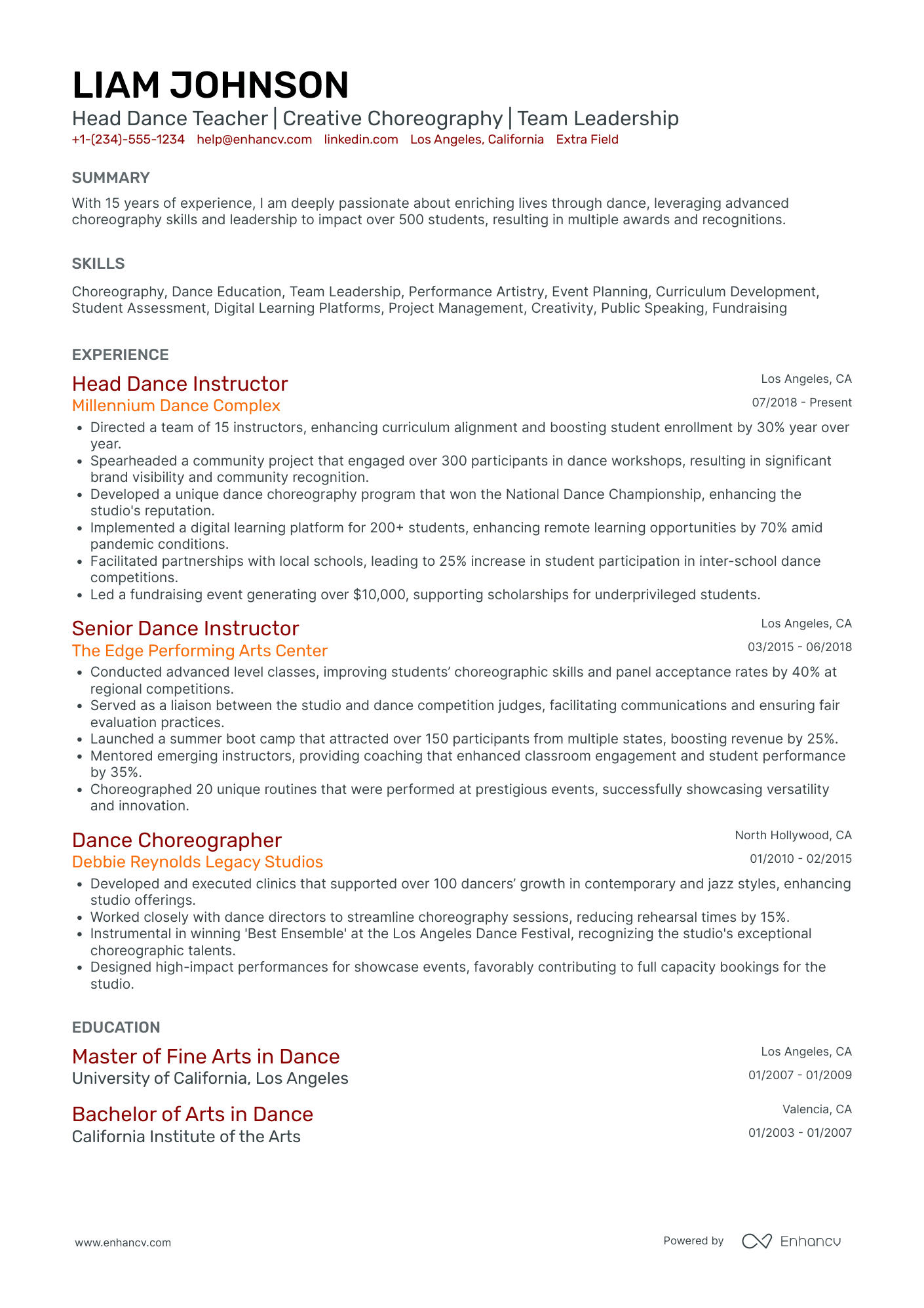 A resume example of a Head Dance Teacher