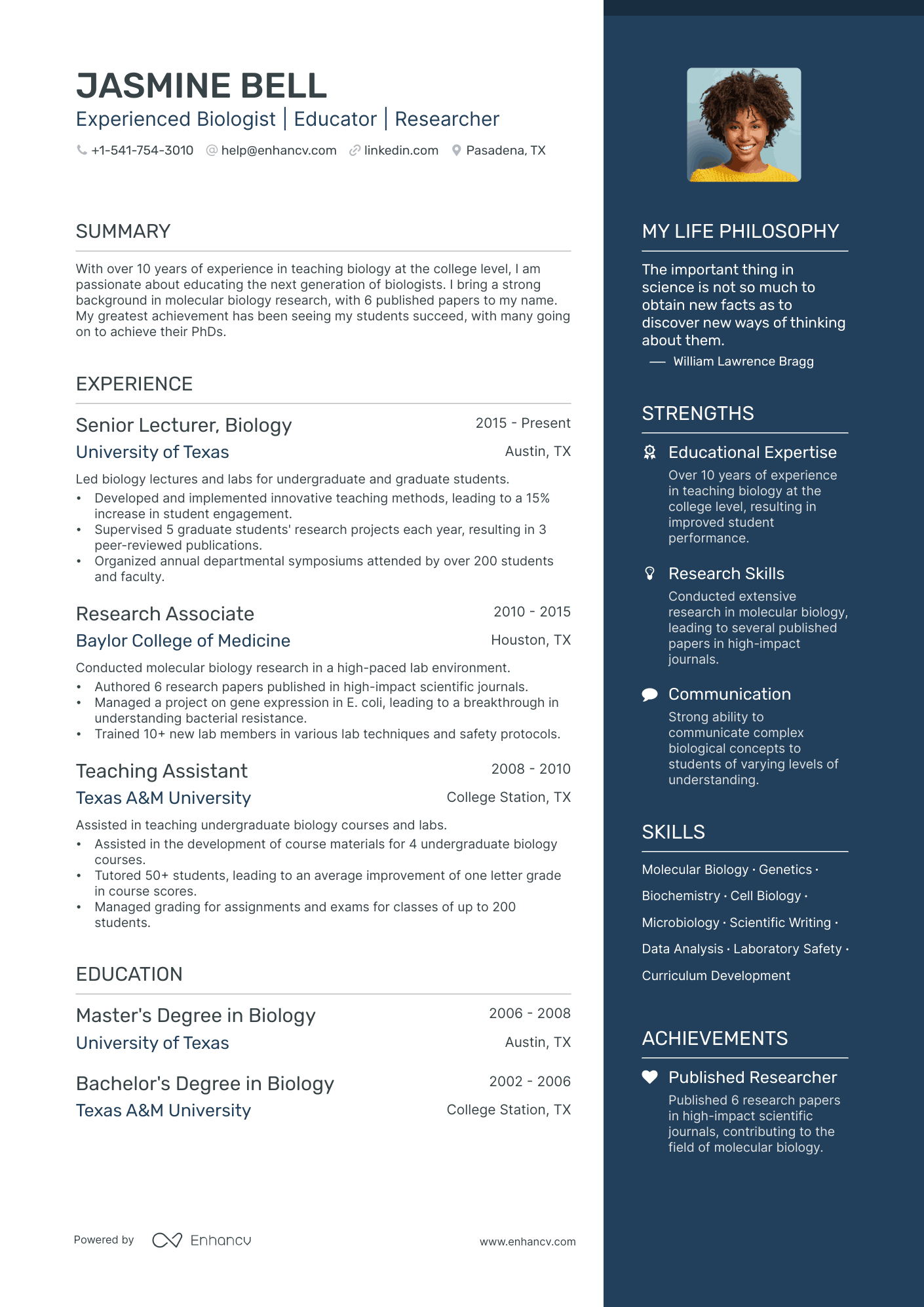 A resume example of a One Page